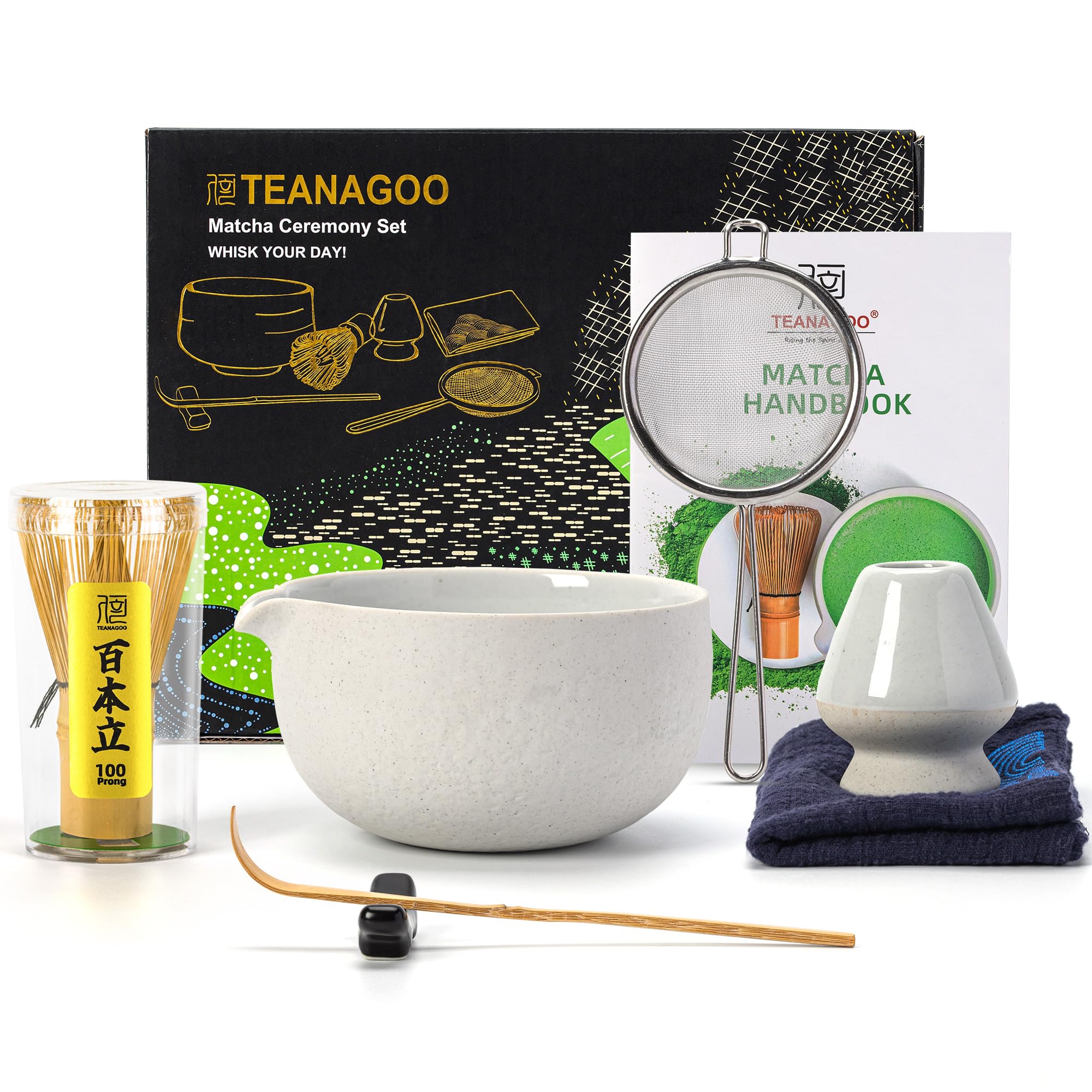 Matcha Set 7-teilig - Keramik Schale Mit Bambus Besen In Rosa-Weiß