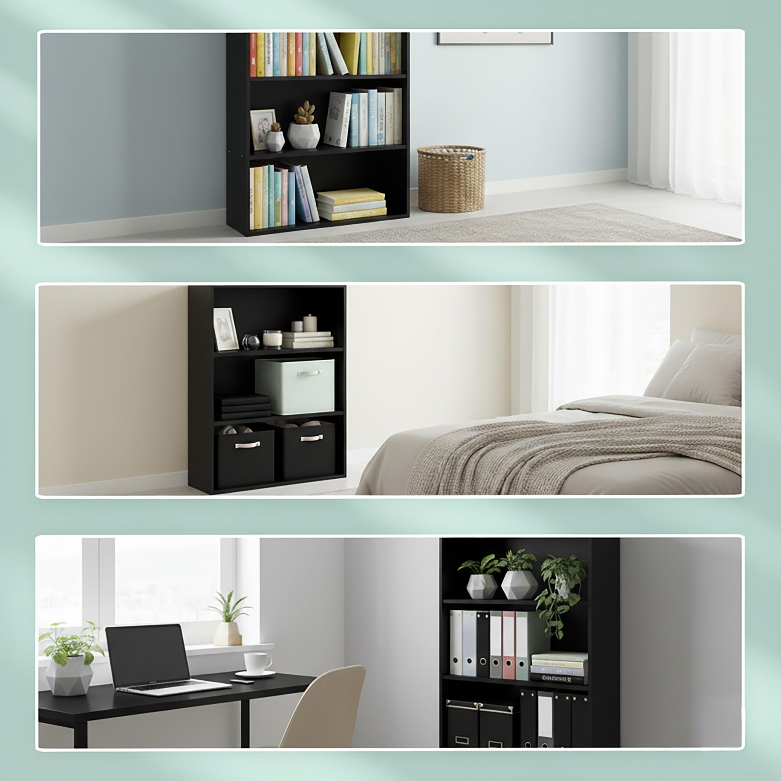Relaxdays Libreria, HxLxP: 82 x 60 x 24 cm, 3 scomparti, ripiani regolabili, scaffale da soggiorno, nero