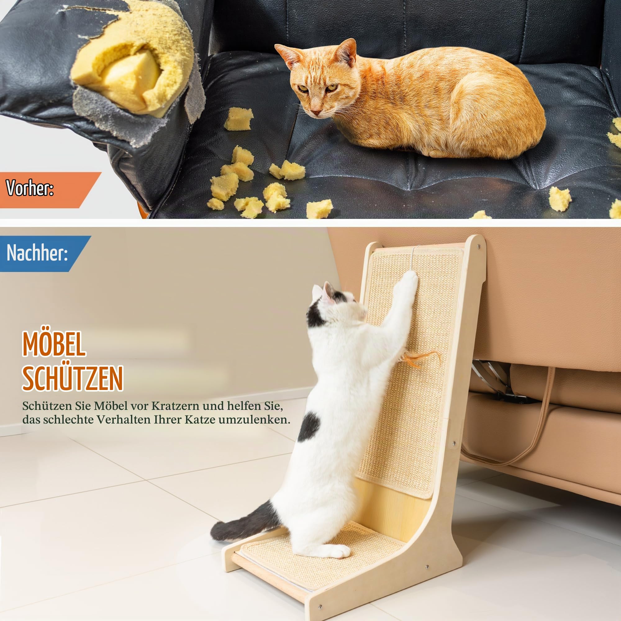 PETKARAY Sisal Kratzbrett Katze, 66 cm L-förmige Kratzbrett, 105° vertikale Kratzfläche, Kratzmöbel mit Katzenspielzeug, Katzenkratzbrett für Wand und Ecke