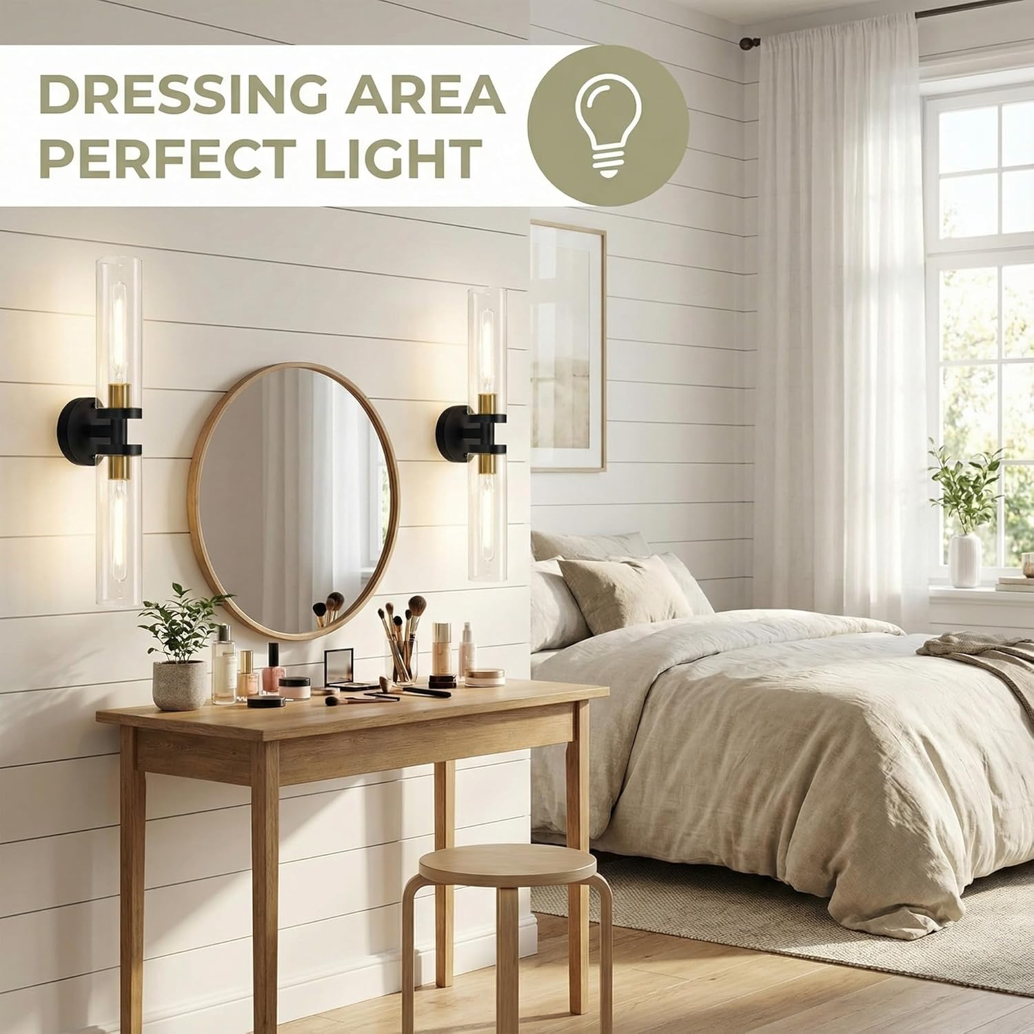 Black and Gold Wall Sconces Set of 2, Hardwired Bathroom Light Fixtures, Modern Bathroom Vanity Wall Lighting with Clear Glass Shade, Farmhouse Wall Sconce for Mirror Bedroom Hallway, E26 Base