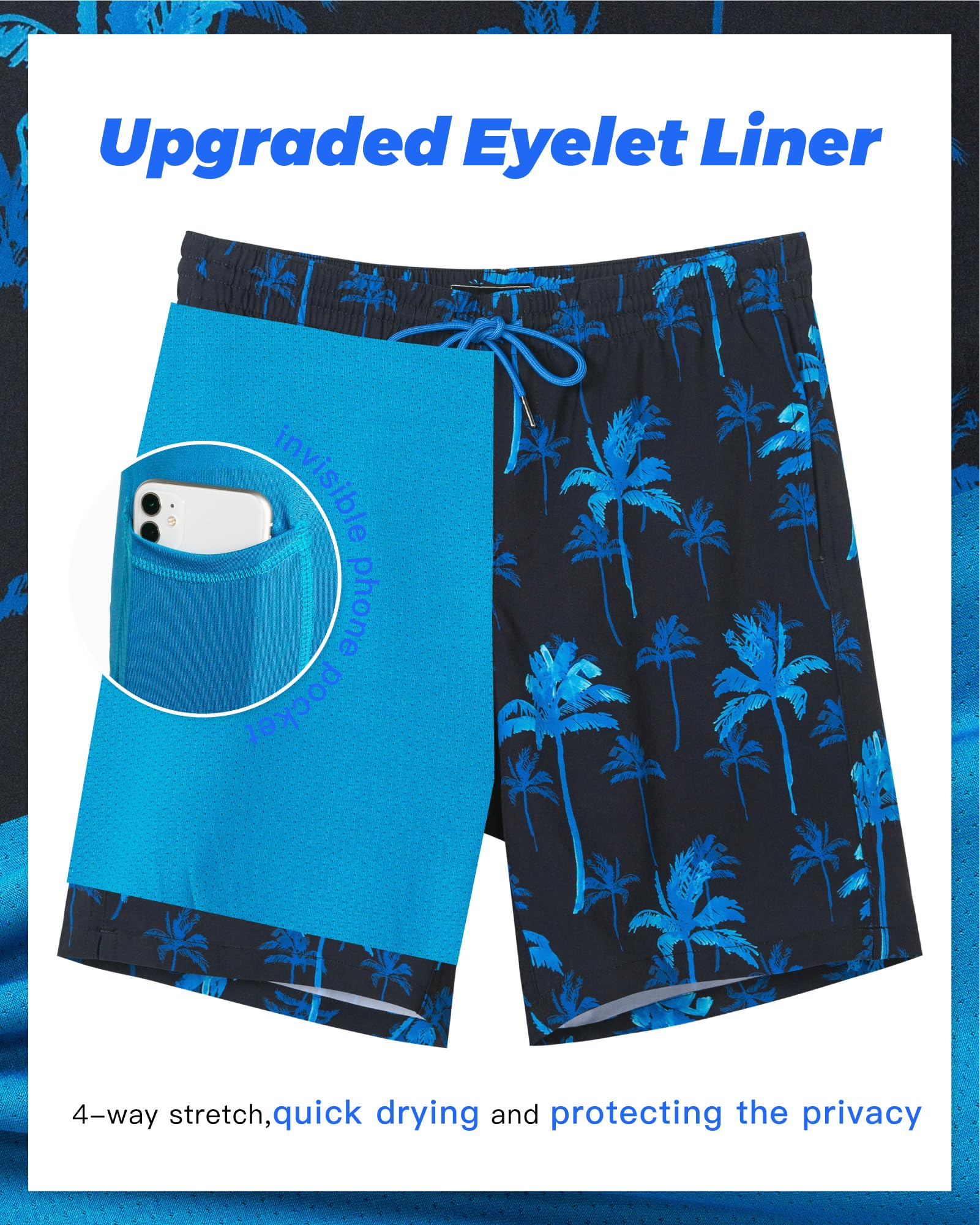 SURF CUZ Mens Swim Trunks with Compression Liner Swimming Shorts 2 in 1 Stretch Quick Dry Zipper Pockets, Ocean Palm|L - Image 4 thumbnail