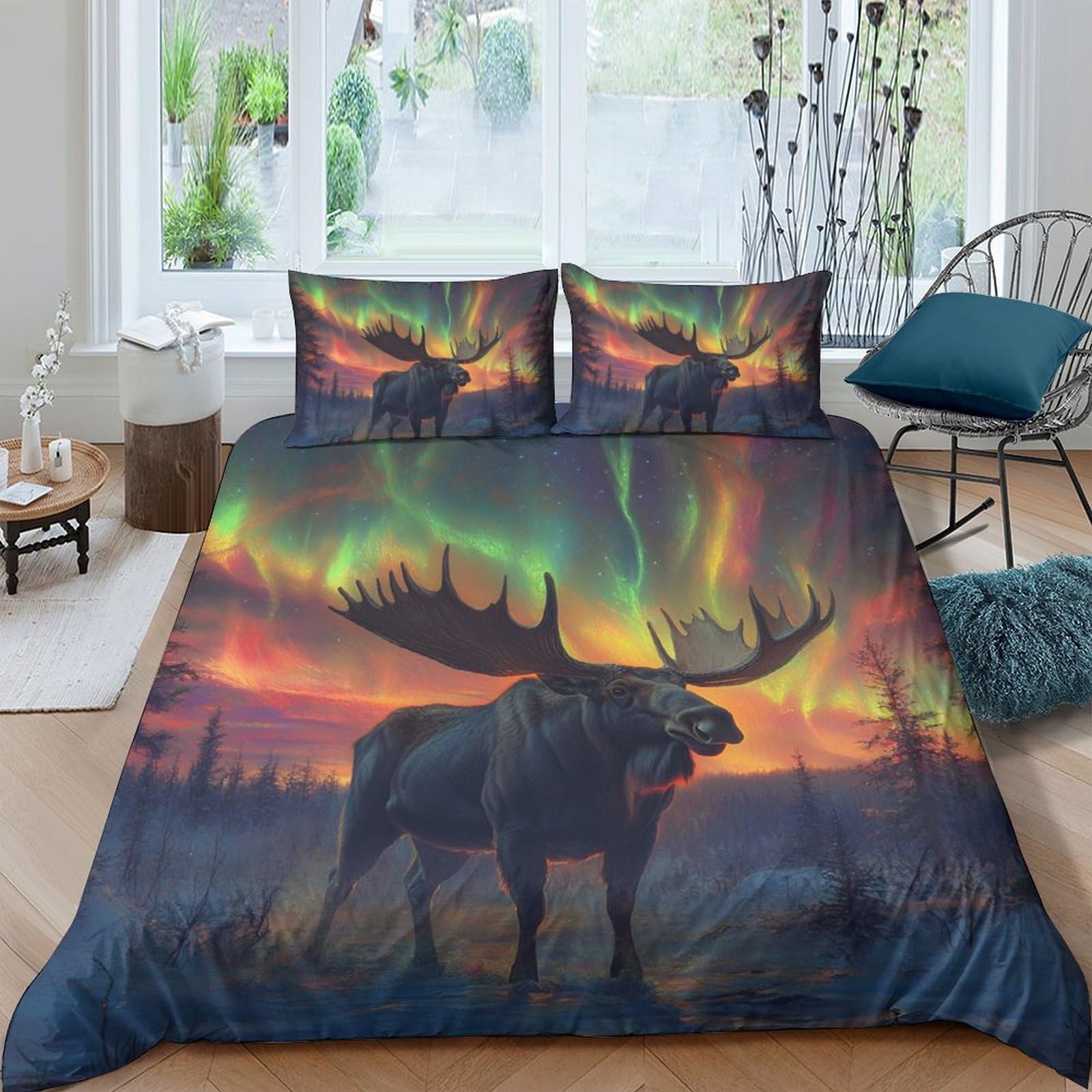 GPLZQXKJNH 3D Printed Northern Lights Moose Duvet Cover Microfiber Soft Breathable Aurora Forest Bedding Set with 2 Pillowcases for Bedroom Decor Single（135x200cm）