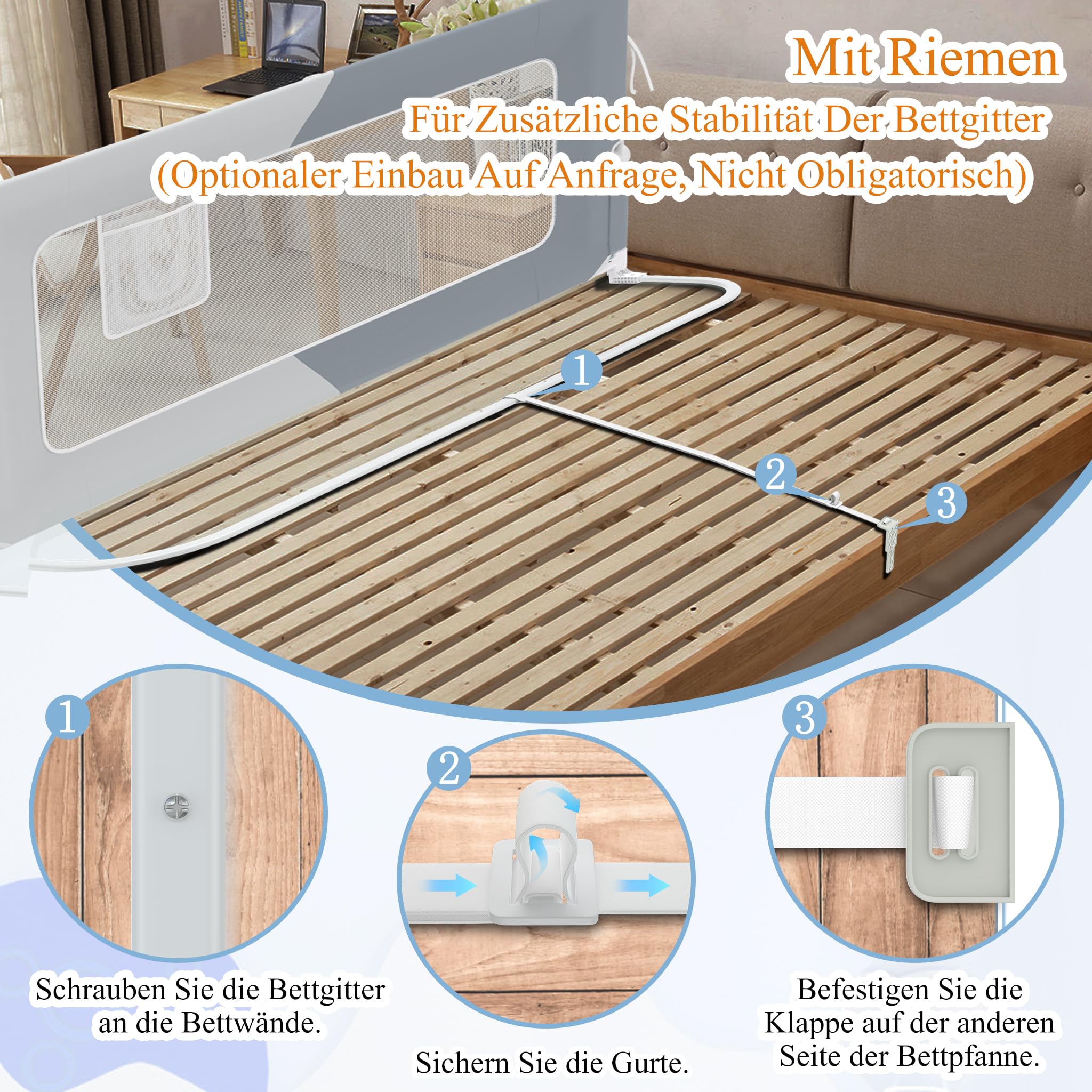 HENGMEI Zanzariera per letto da 150 cm, pieghevole a 180 gradi, rete traspirante regolabile in altezza (grigio + grigio chiaro)