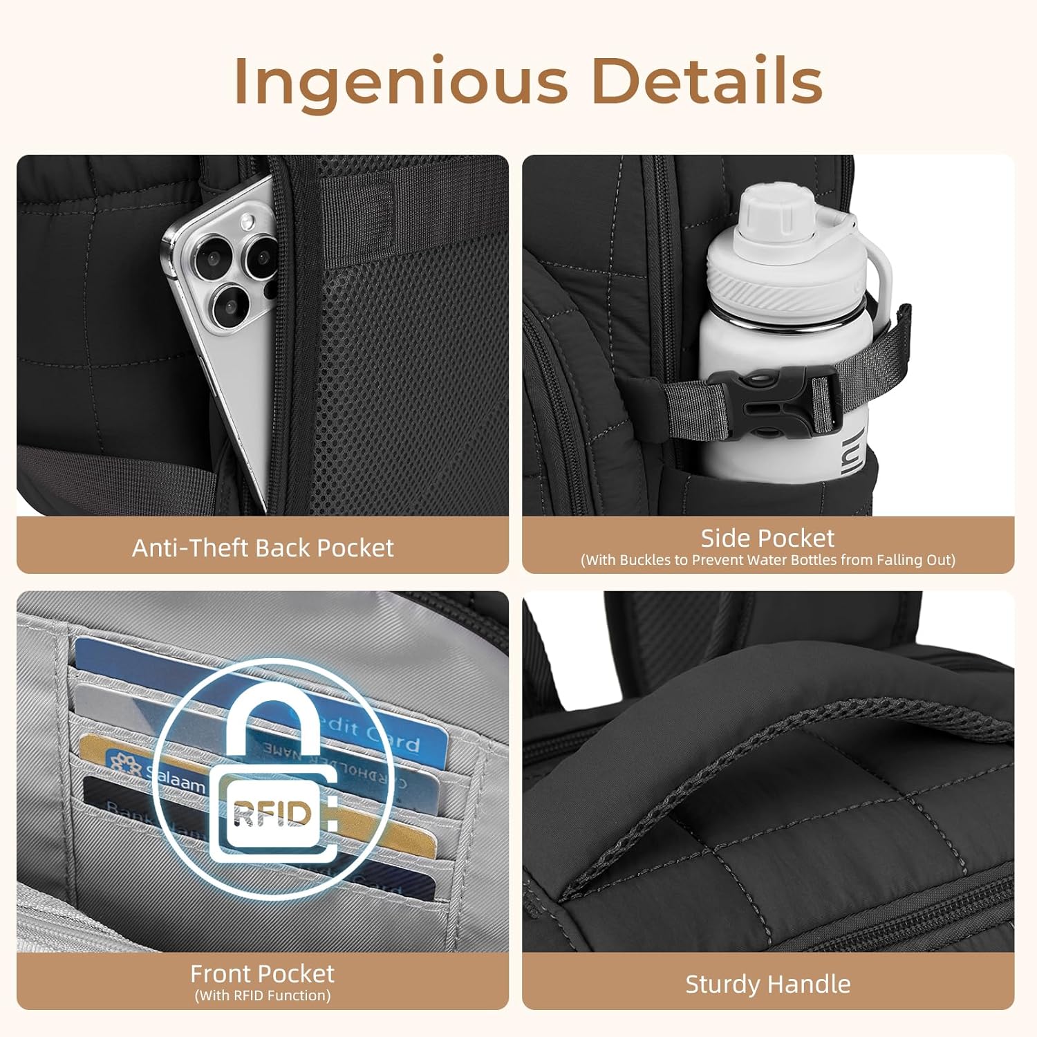 CLUCI 17.3 Inch Laptop Backpack for Women, Anti Theft Travel Backpack, Puffer Quilted Work Backpack, Water Resistant College Bookbag, Carry on backpack with RFID (Black) - Image 7