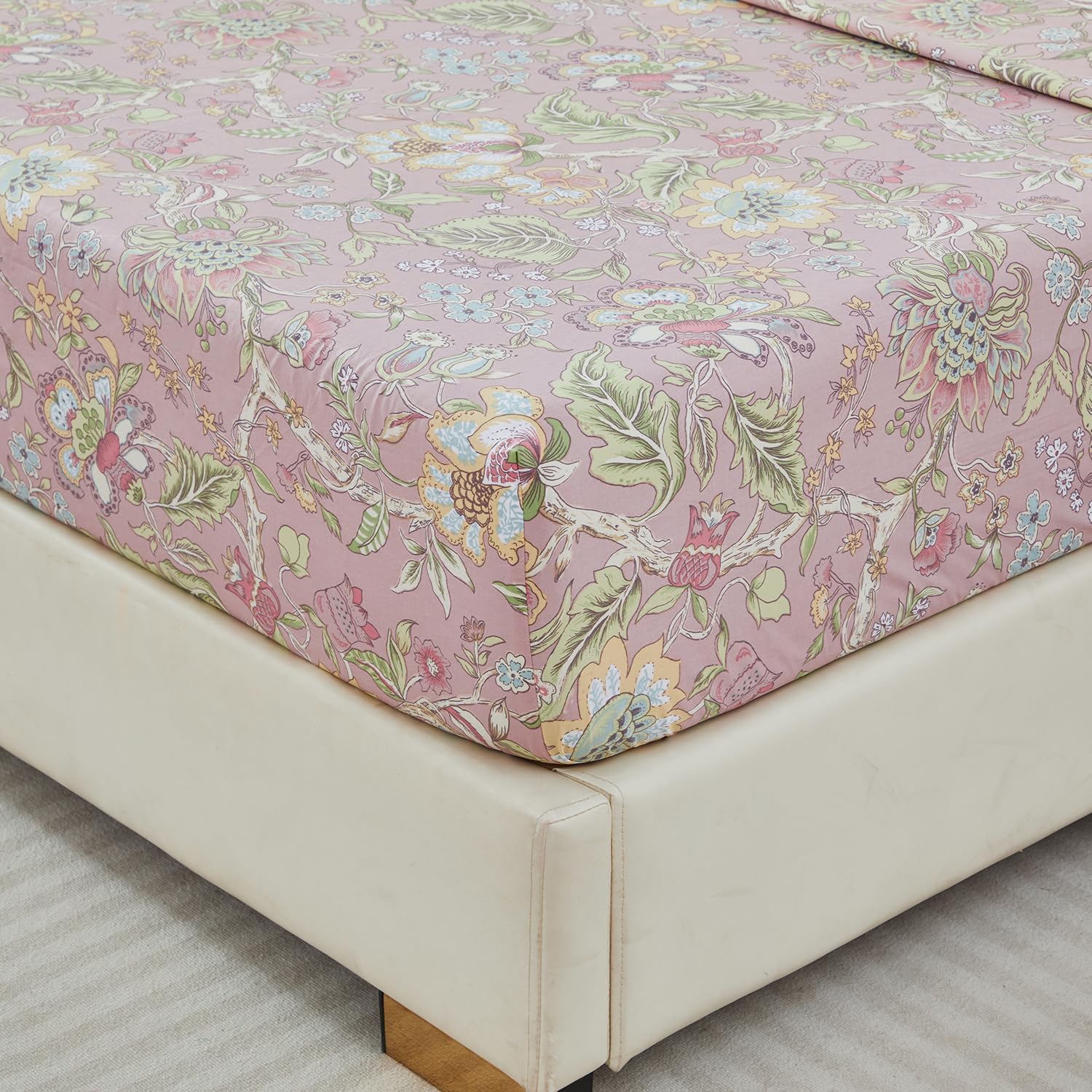 URBONUR Pink Floral Sheet Set King Size 4-Pieces 100% Cotton Percale Sheets for King Bed Shabby Vintage Flowers Bed Sheets King Soft Crisp Luxury Bedding Set, Deep Pocket Sheets