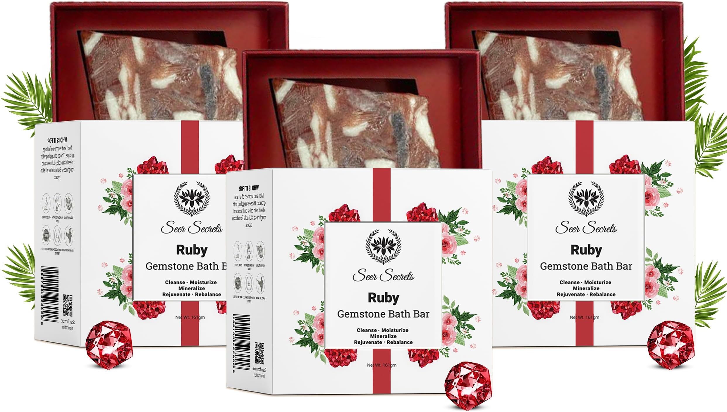 100% Natural Luxury Handmade Gemstone Ruby Bath Bar | Made with Organic Ingredients | Bath Soap Free From Paraben, Sulphate & Chemicals Pack of 3-161 * 3 gm