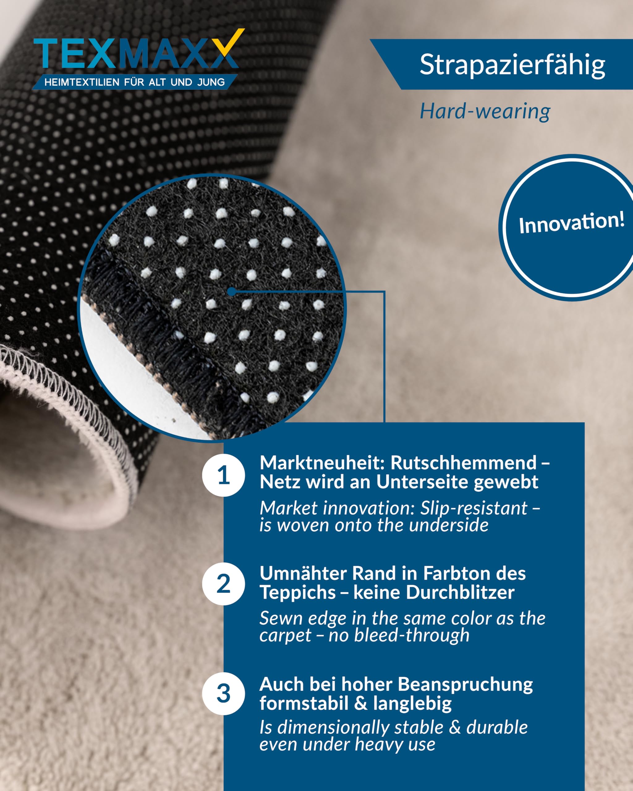 TEXMAXX Weicher Kurzflor Teppich Wohnzimmer mit rutschhemmender Rückseite (120 x 120 cm Rund) - Modern für Flur, Esszimmer und als Schlafzimmer Teppich in Beige - Waschbar bis 30 Grad