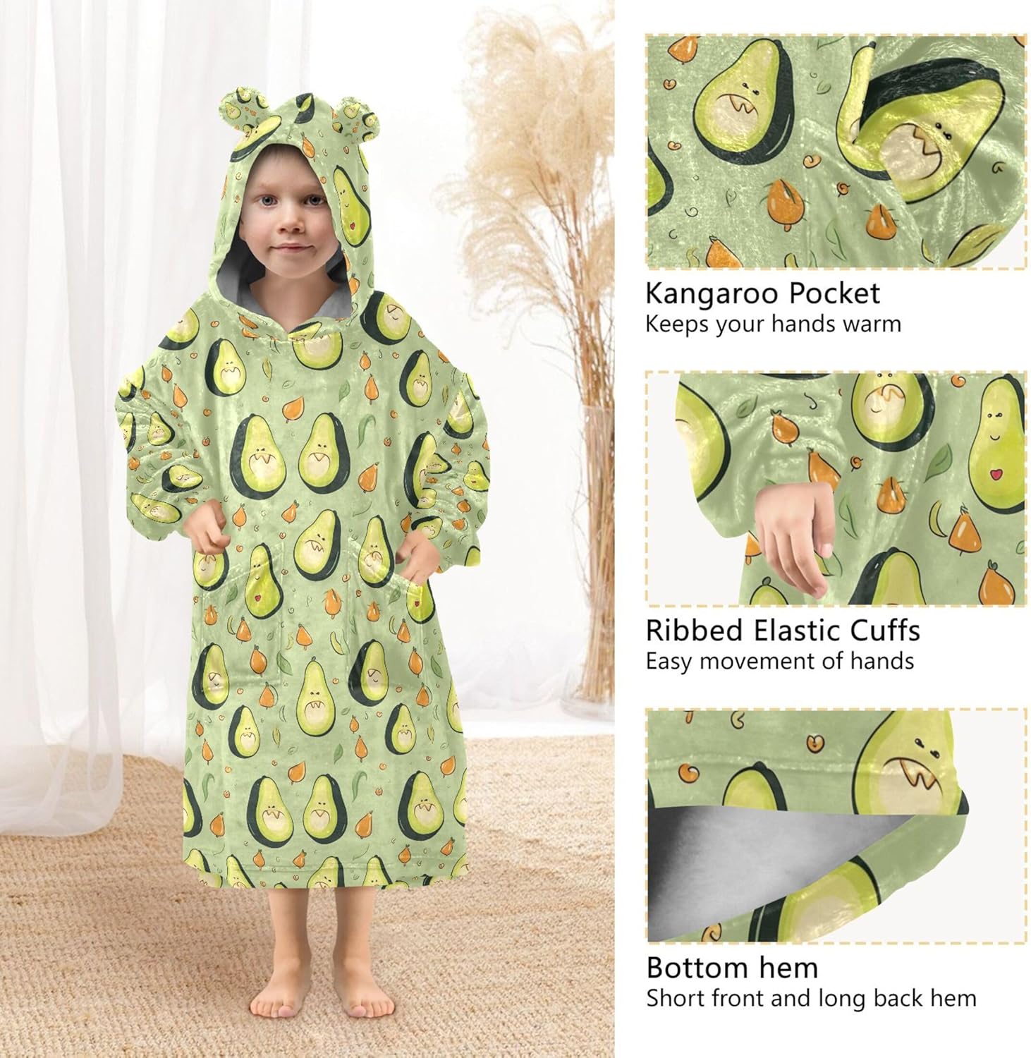 Avocado Fruit Kids Wearable Blanket Hoodie with Pocket and Sleeves for Toddlers, Cute Hoodies Girls Boys B0403849