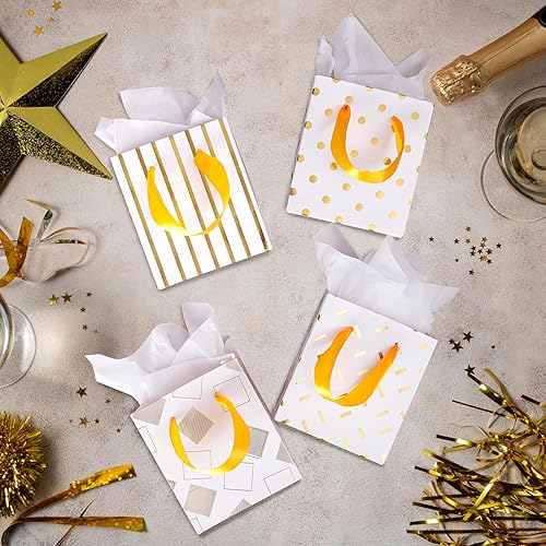 Miniatura 6 de Plauthus Paquete de 16 mini bolsas de regalo con asas y papel de seda, bonitas bolsas de regalo pequeñas con patrones surtidos para Navidad,