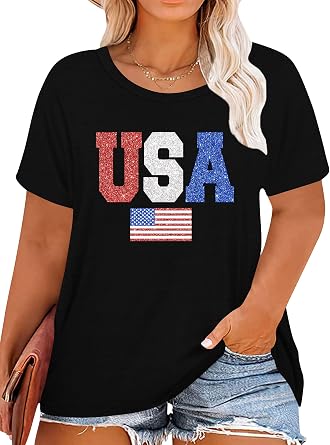 Plus Size American Flag Shirts Women Patriotic Shirts USA Flag Graphic T-Shirt 4th of July Tee Tops