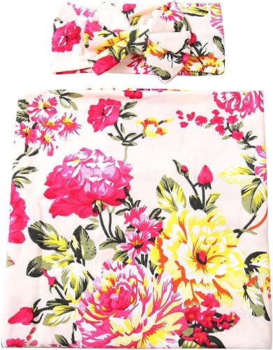 Miniatura 3 de Galabloomer Conjunto de diadema para recién nacido, con estampado de flores, manta para envolver al bebé (flor marfil)