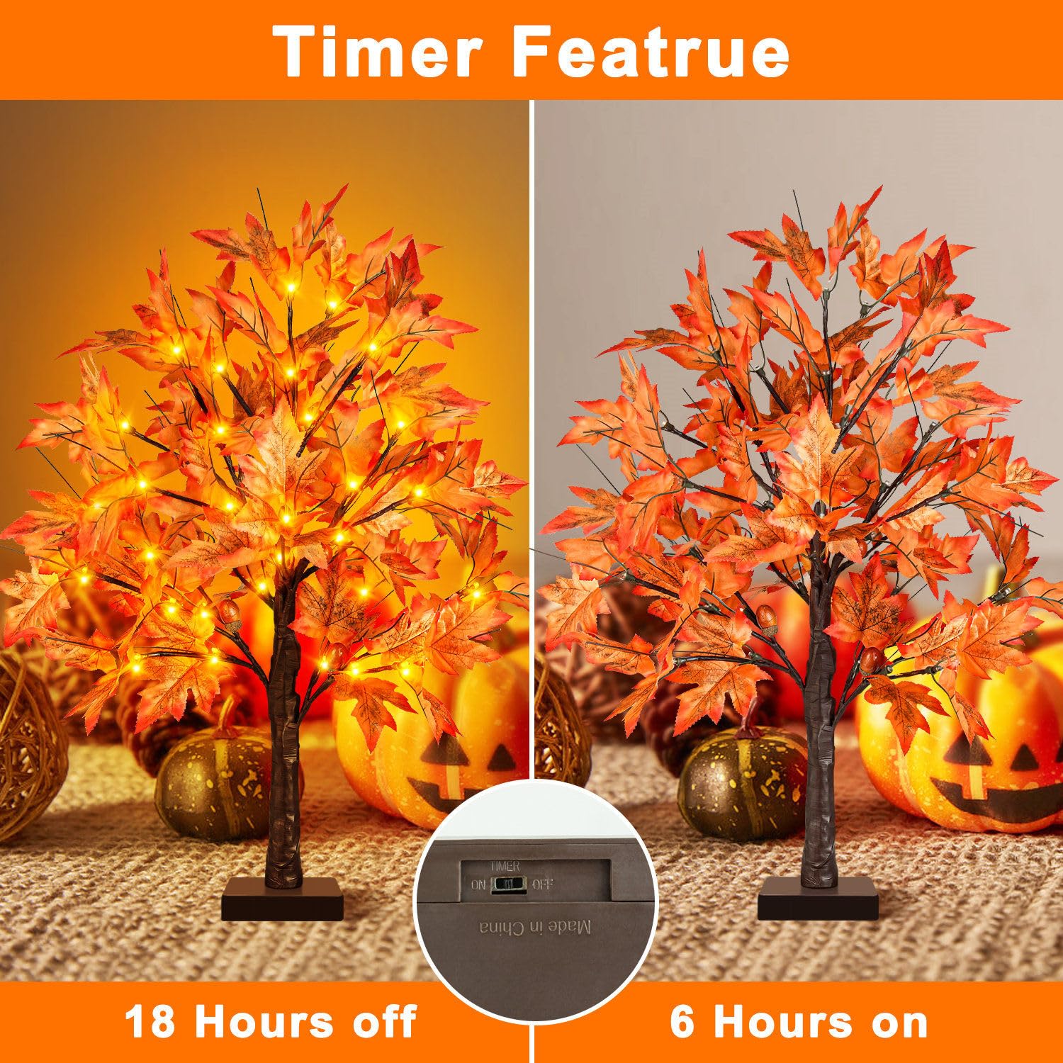 FastDeng Lot de 2 érables lumineux d'automne, arbre artificiel de table de 61 cm avec 36 lumières LED, 72 feuilles, 6 glands, minuterie à piles pour récolte d'automne, décoration d'intérieur,