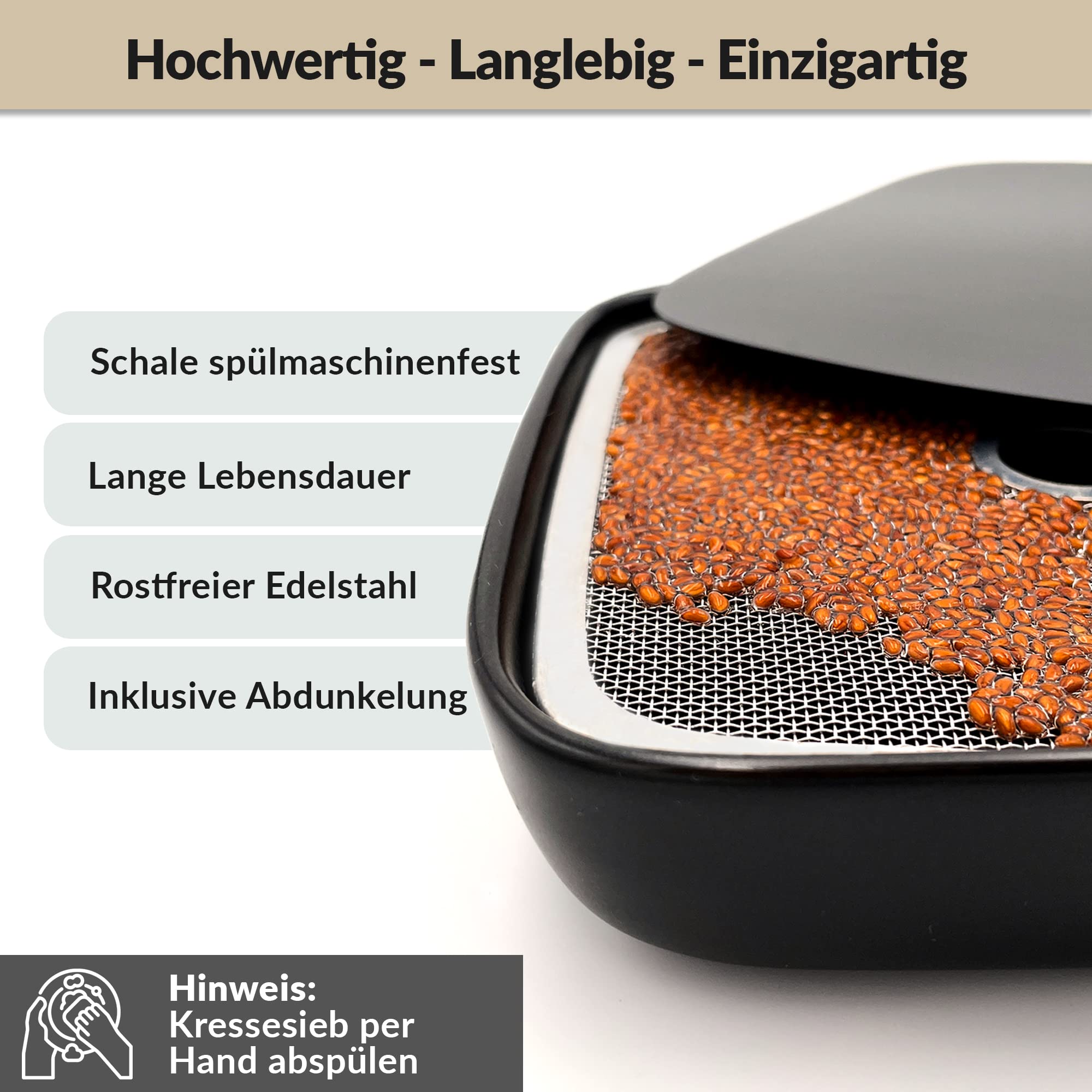 Otaro Kresse Anzuchtschalen inkl. Kressesamen aus Deutschland | Direkt Loslegen | Sprossen Anzuchtset | Edles Kressesieb | Keimschalen für Sprossen | (Schwarz - Premium Keramikset)
