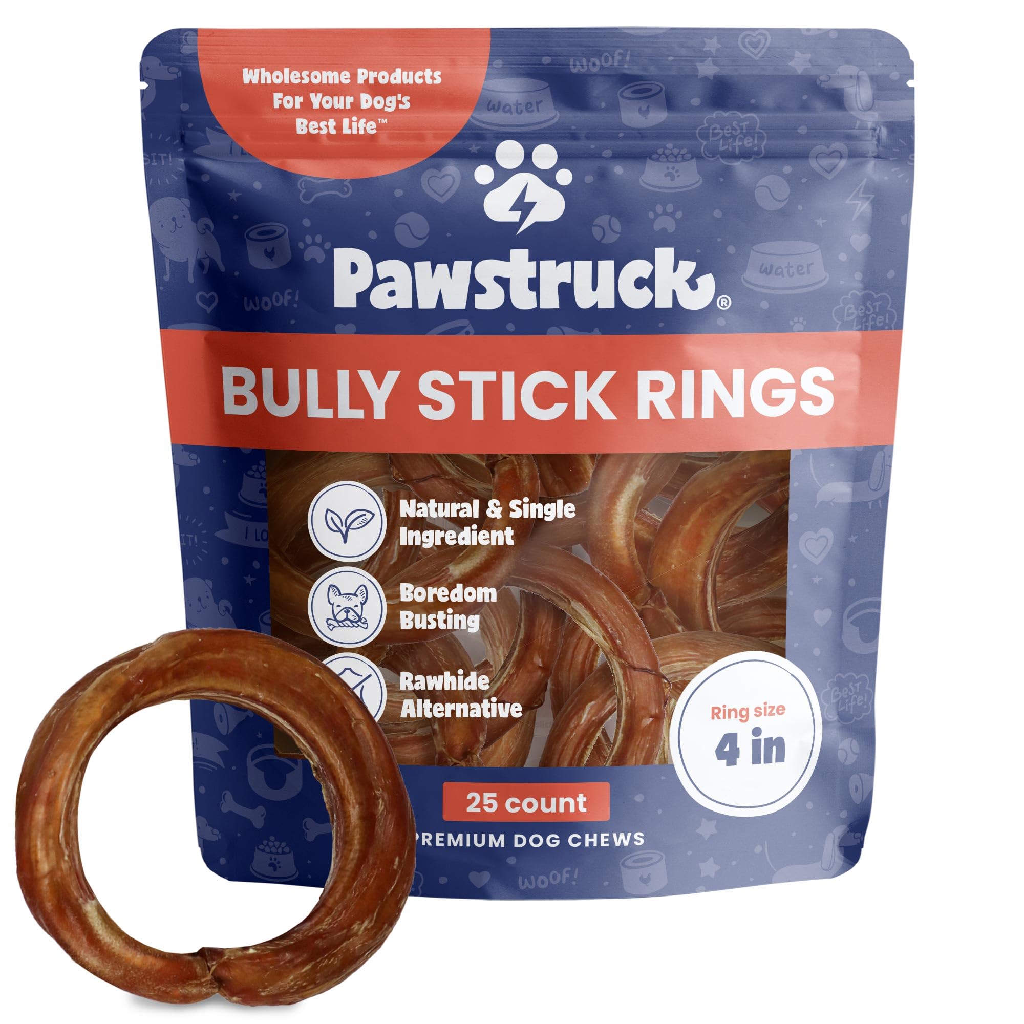 Pawstruck All-Natural 4" Bully Stick Rings for Dogs - Rawhide-Free, 100% Beef, Single Ingredient Dental Chew Bones - Fully Digestible, Low Odor - Bulk 25 Pack - Packaging May Vary