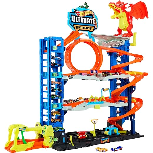 Hot Wheels City Ultimate Garage Track Set with 2 Die-Cast Toy Cars & Car-Eating Dragon, Stores 50+ Vehicles, 4 Levels