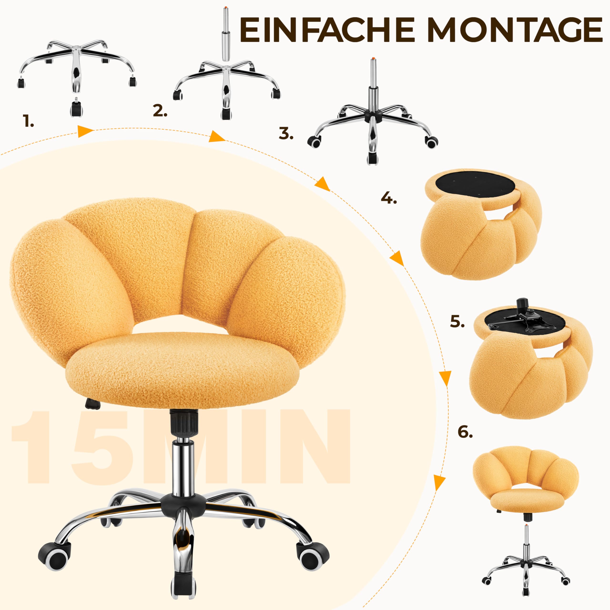 Yaheetech Schreibtischstuhl Bürostuhl Ergonomisch Bürosessel in Wolkenform Schminktischstuhl bis Belastbar Computerstuhl Höhenverstellbar für Schlafzimmer Büro Wohnzimmer Gelb – Bild 9