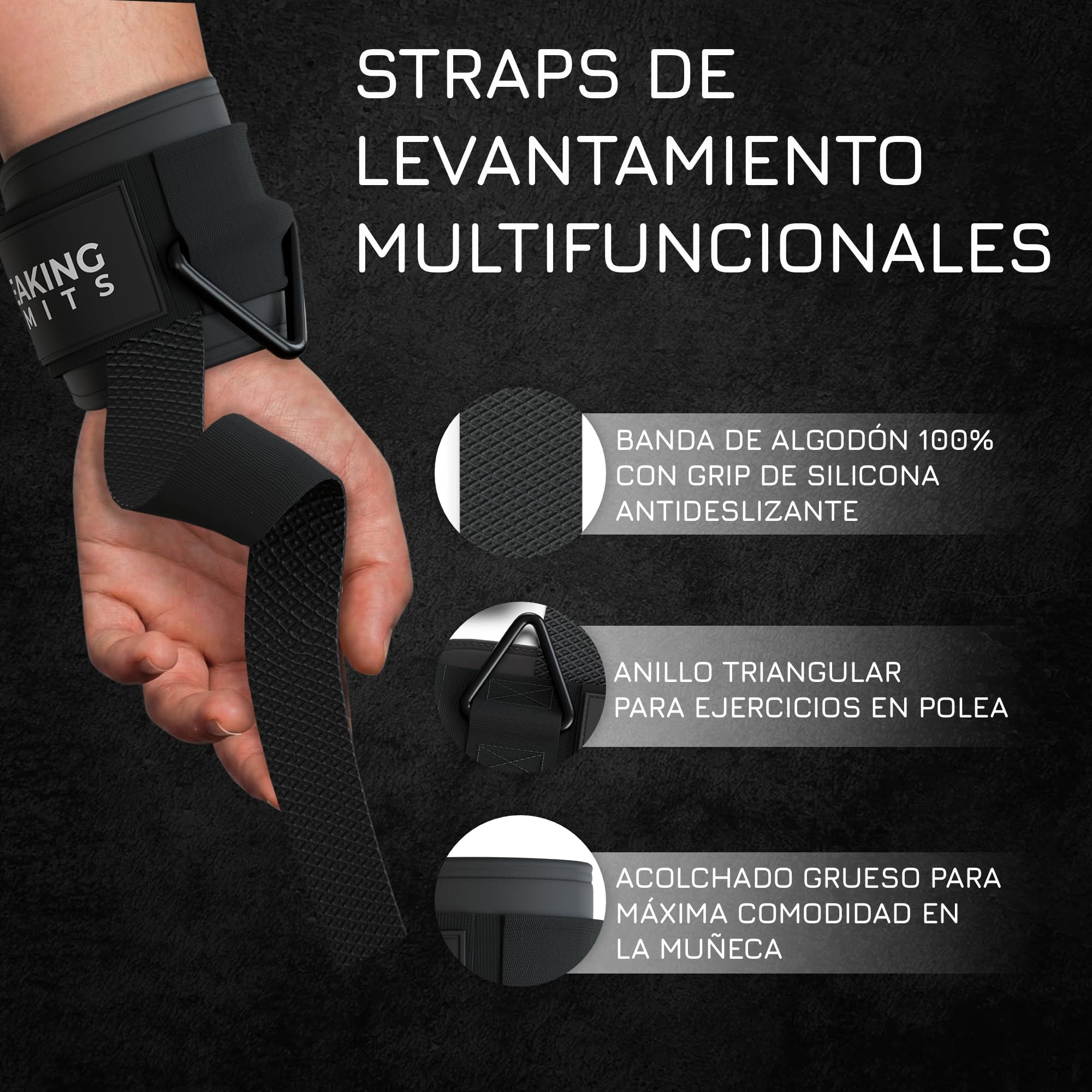 BREAKING LIMITS Wrist Cuffs Gym - Correas de tracción para entrenamiento de fuerza - Correas para la mano Gimnasio - Correa de elevación lateral para la muñeca - Correas de elevación para hombres y
