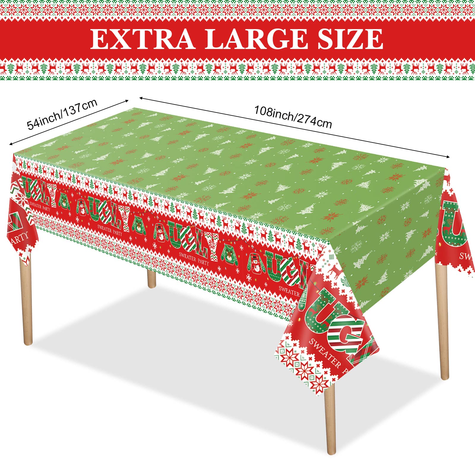 Christmas Plastic Tablecloth Set Ugly Sweater Party Table Cover Xmas Sweater Snowflake Kids Birthday Themed Party Decoration, 108 X 54 Inches (3 Pcs