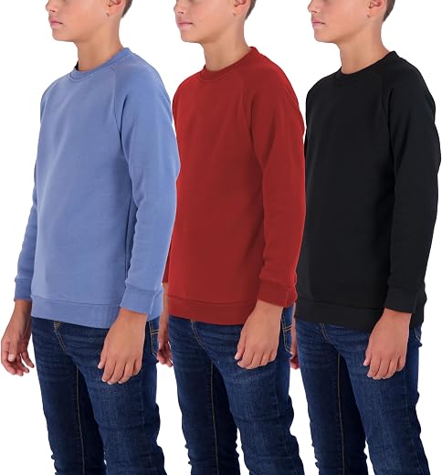 Real Essentials 3 Pack Boys' Fleece Crew Neck Long Sleeve Sweatshirt - Soft Pullover Sweaters for Youth Kids Boys &amp; Girls,...