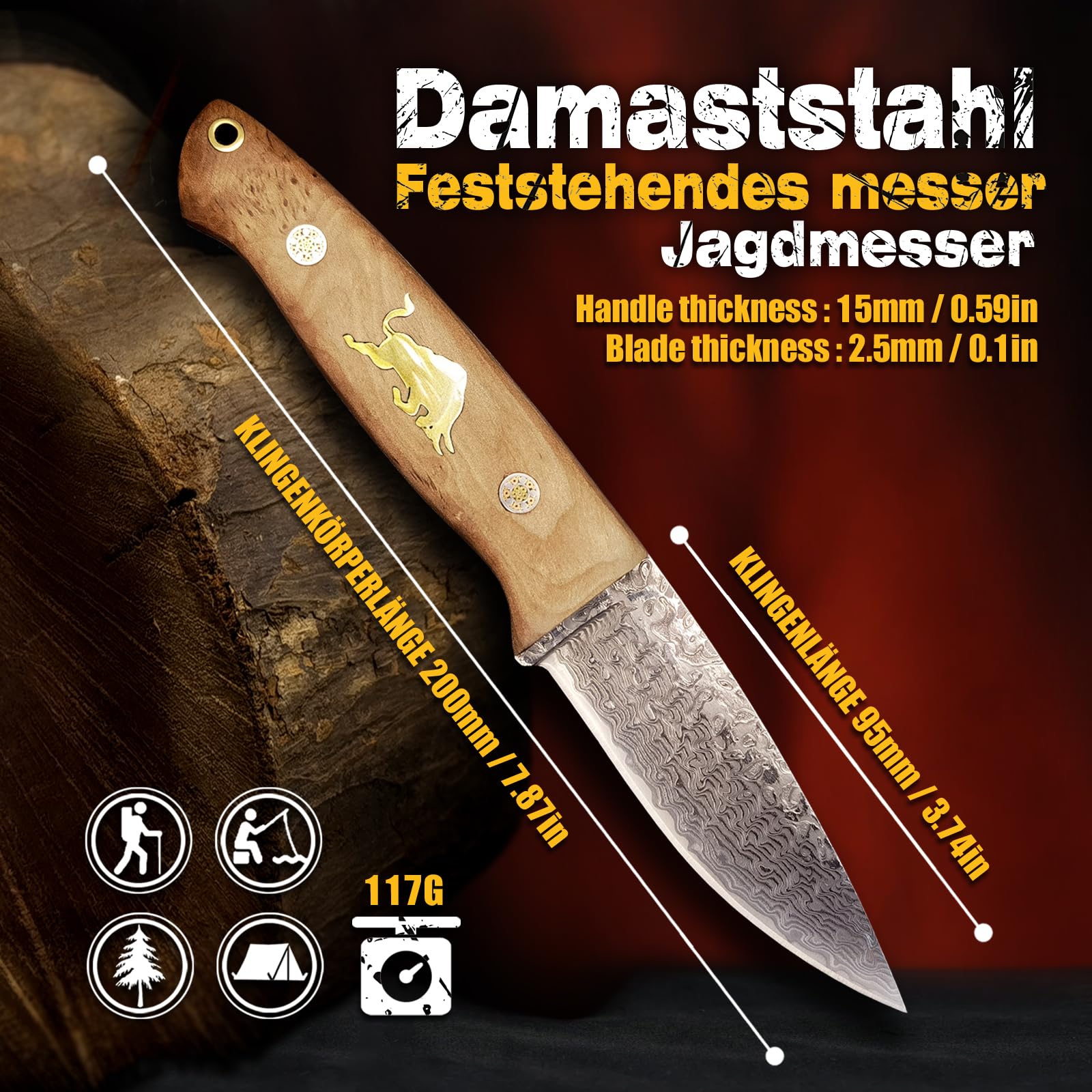 Feststehendes 67-lagiges VG10 Damast Jagdmesser mit Massivholzgriff & Lederscheide, Outdoor Überlebensmesser für Camping Wandern Angeln, Geschenk für Männer