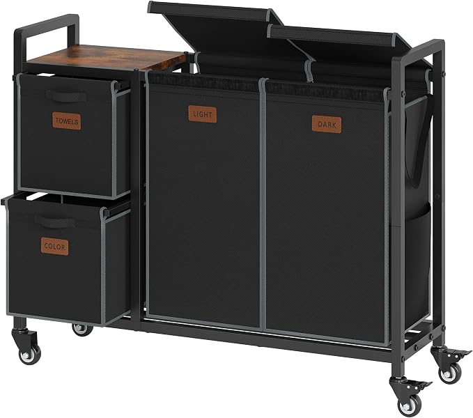 Hoctieon 4 Section Laundry Cart, 48 Gal. (182L) Laundry Hamper with Lid, Laundry Basket with Wheels, Rolling Laundry Sorter Organizer with Shelf, Clothes Separator with Removable Bags, Black