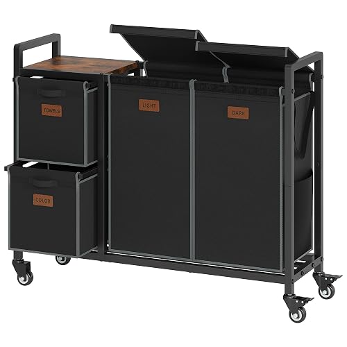 Hoctieon 4 Section Laundry Cart, 48 Gal. (182L) Laundry Hamper with Lid, Laundry Basket with Wheels, Rolling Laundry Sorter Organizer with Shelf, Clothes Separator with Removable Bags, Black