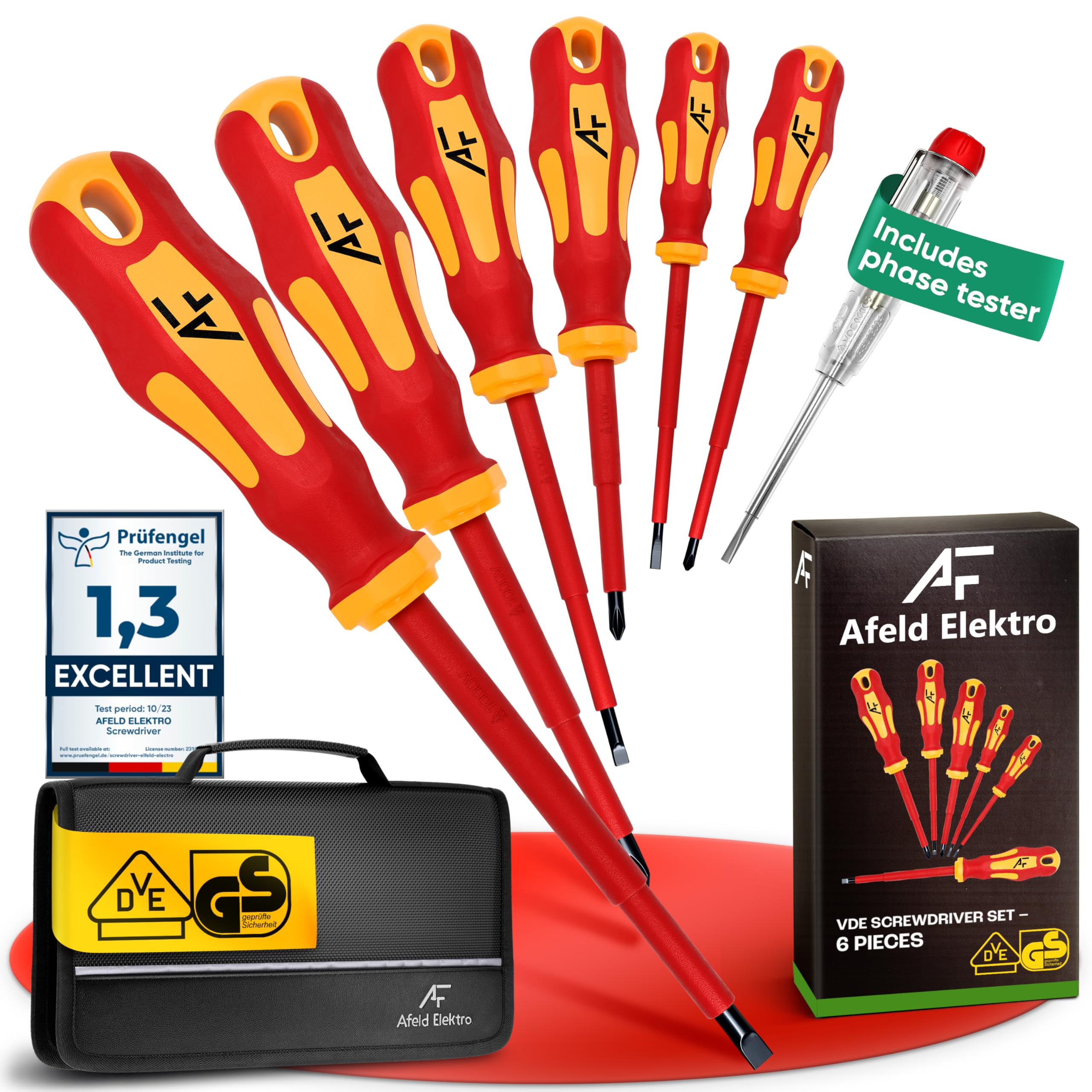 Afeld Elektro VDE Screwdriver Set Magnetic - 6 Piece - S2 Industrial Grade Steel - Insulated to 1000V - Plus Phase Tester and Tool Bag