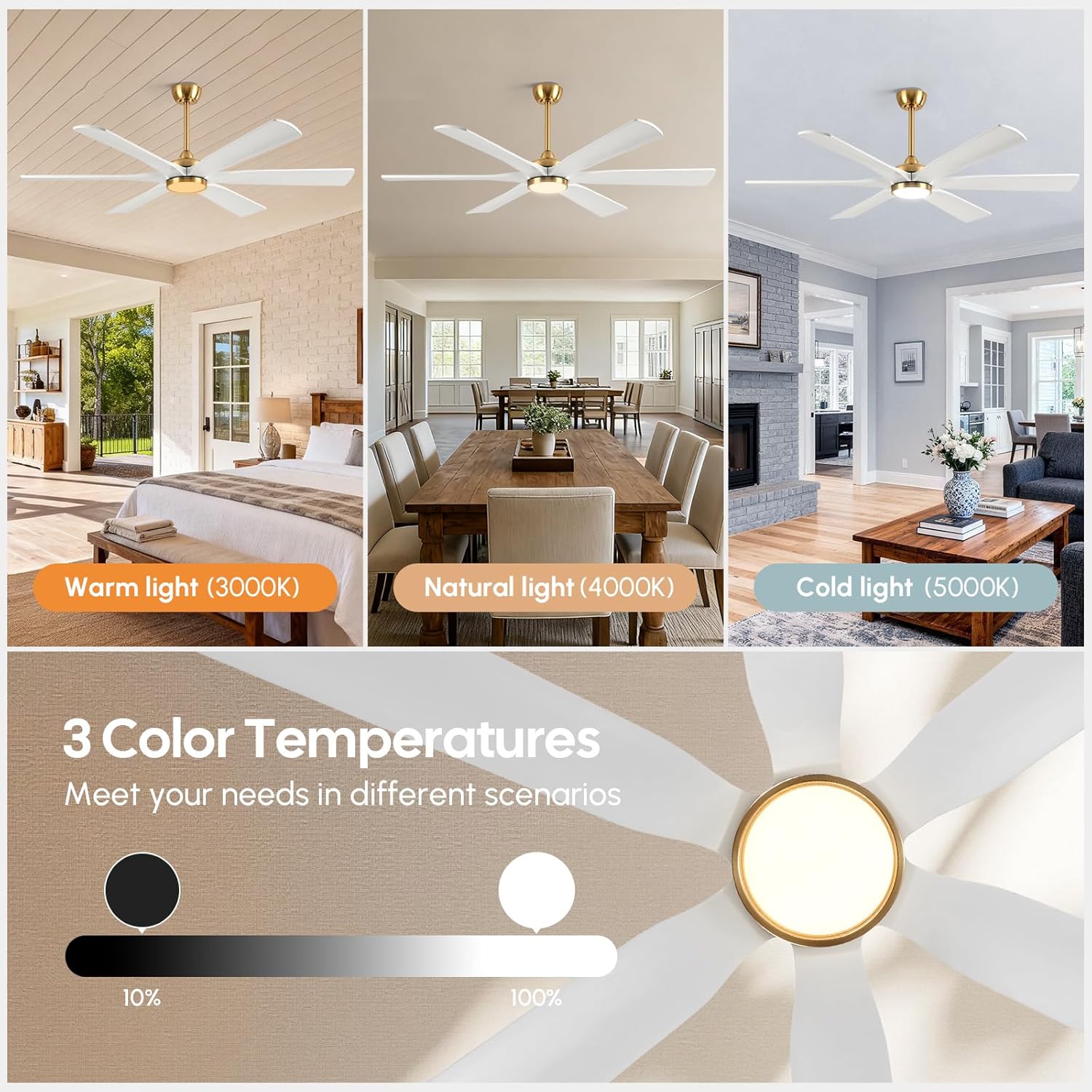 72 Inch White Gold Ceiling Fan with Light Remote, Outdoor Smart Ceiling Fans for Patios, 6 Solid Wood Blades, Large Quiet Reversible DC Motor, Damp Rated for Indoor Exterior, Alexa & App Compatible
