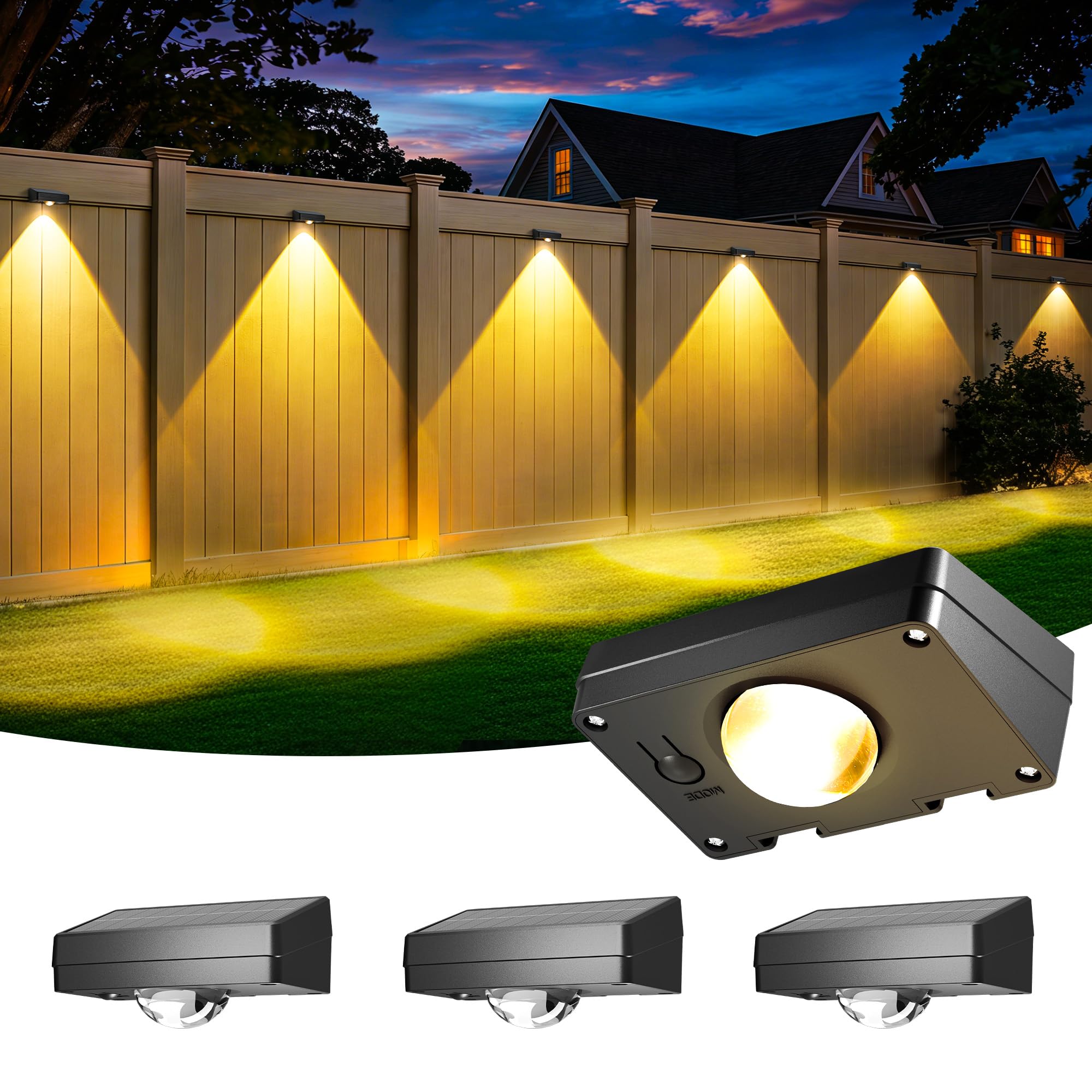 Solpex Solar Fence Lights Waterproof 4 Packs, IP65,Outdoor Garden Lights,3 Lighting Modes LED Lens Light for Wall, Backyard, Deck, Patio, Step, Stair, Porch, Pool Decor