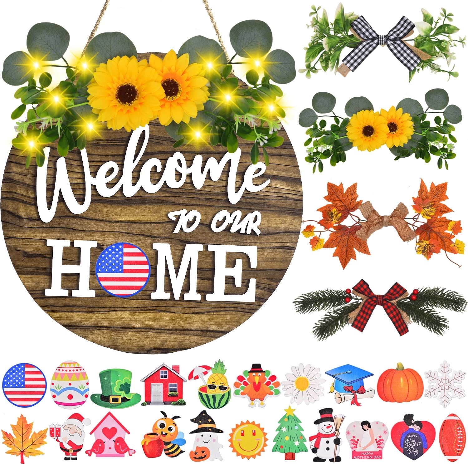 Interchangeable Welcome Home Sign, Front Door Decor With 4 Seasonal Wreaths and 21 Changeable Icons, Rustic Wood Wall Porch Hanger for Holiday Halloween Christmas Housewarming Gift (Brown)