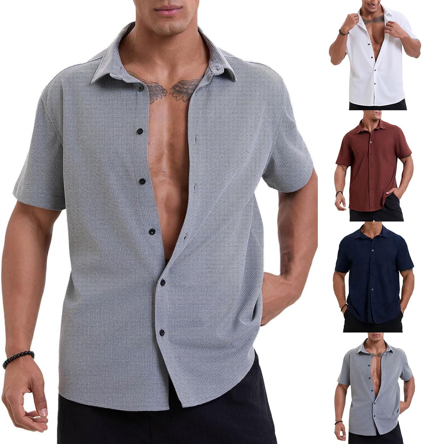 Mens Button Down Shirts Waffle Knit Casual Short Sleeve Shirt Summer Beach Solid Color Textured Basic Tops