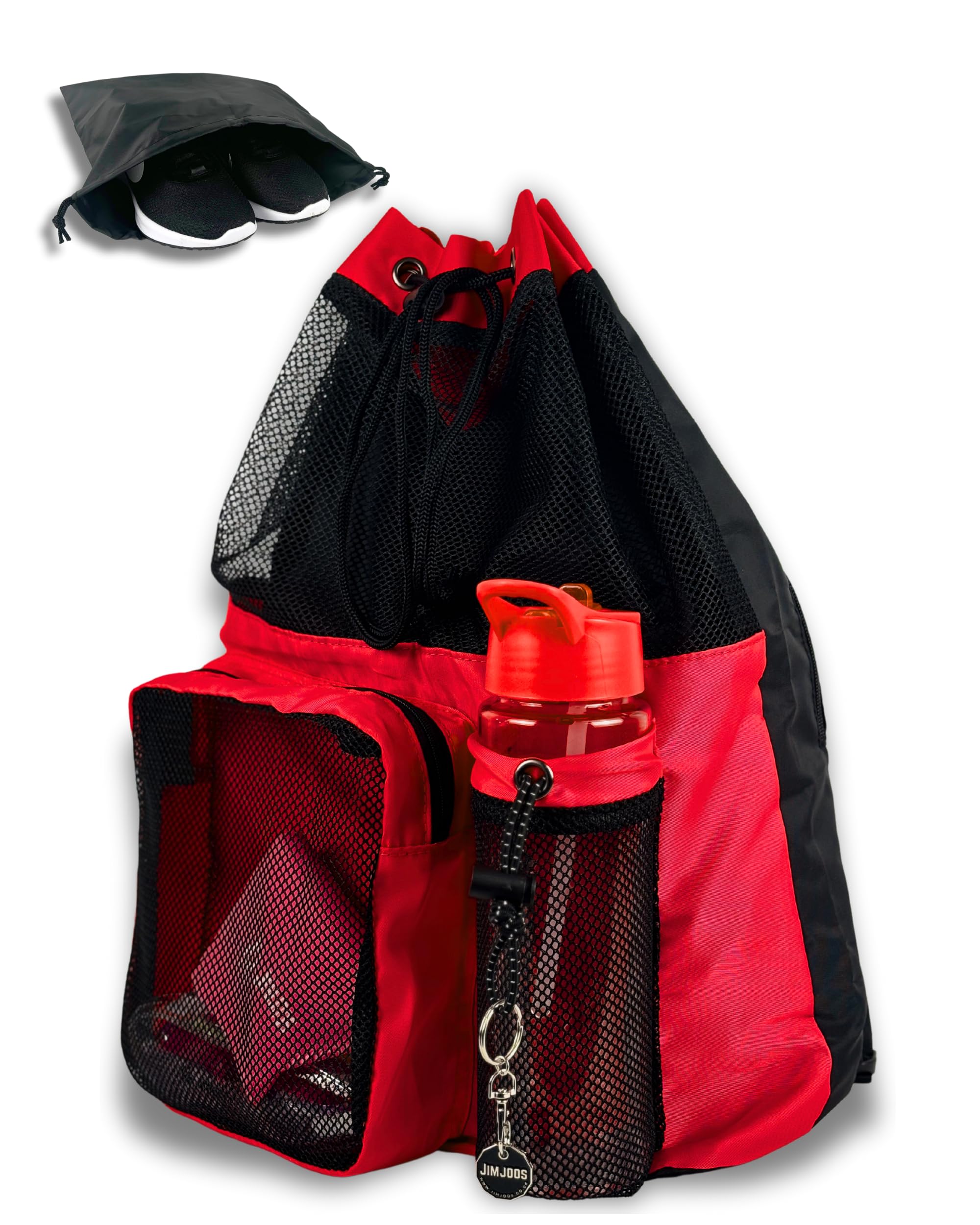 JIMJOOS Drawstring Mesh Swimming Bag - 25L Waterproof Swim Bag with Wet/Dry Compartment, Multifunctional Sports Backpack for Kids, Adults, Swimming, Surfing, Beach, Gym (RED)