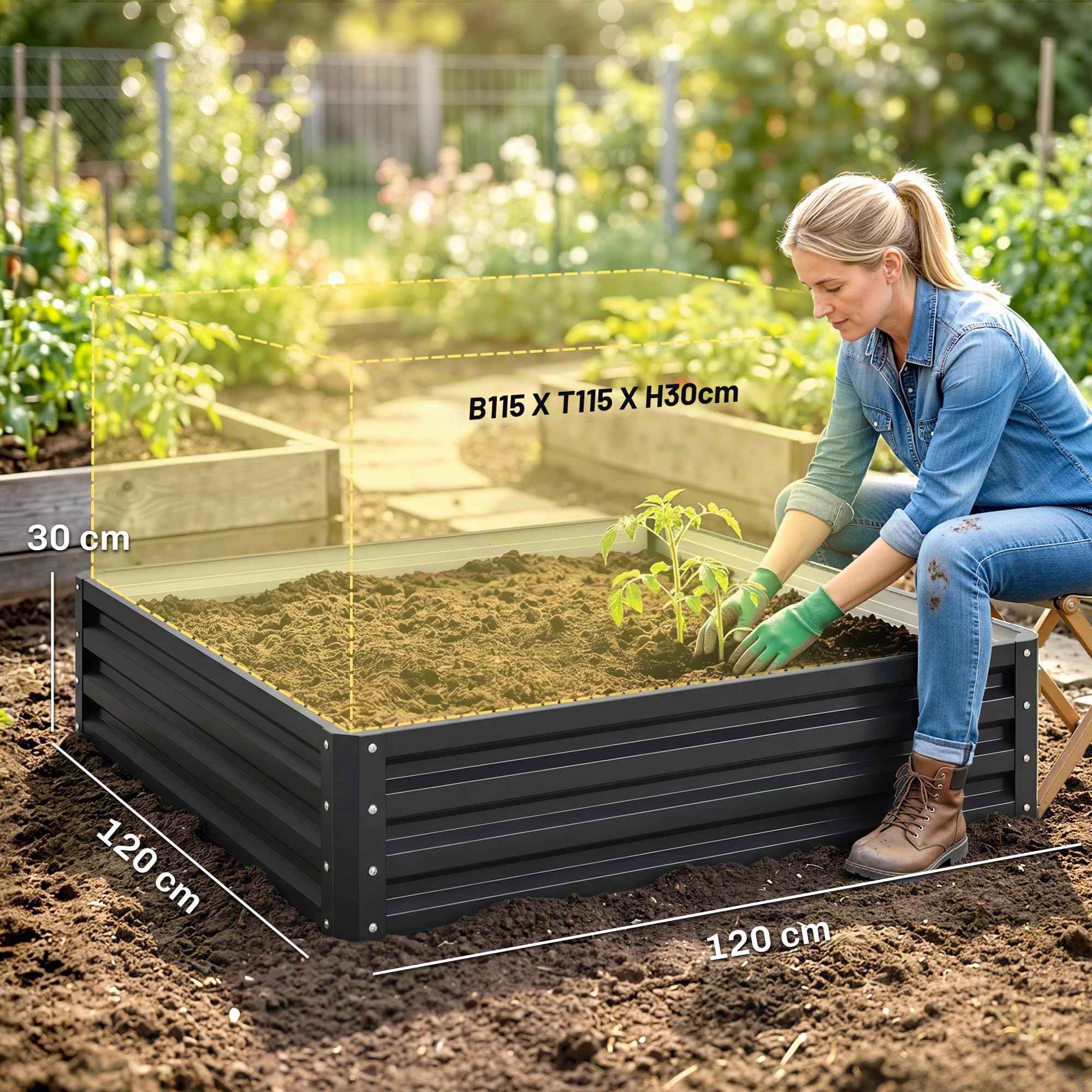 Outsunny Hochbeet für Garten, Terrasse Stahl 120 x 120 x 30 cm Grau