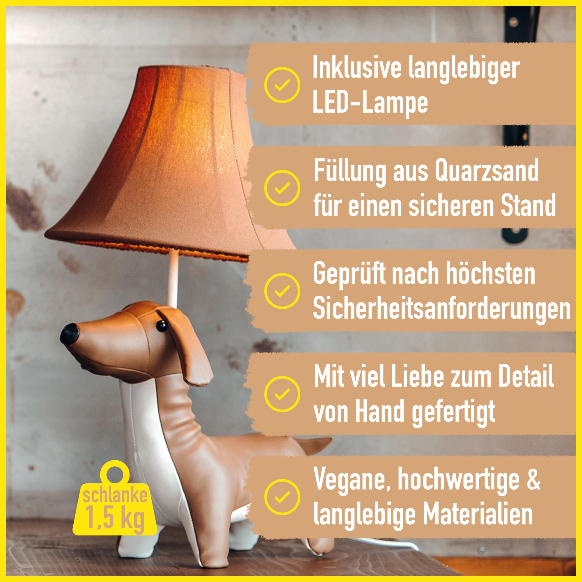 Happy Lamps for smiling eyes Waldi Dackellampe, LED-Tischleuchte, 48 cm hoch, Dekoleuchte, veganes Leder, Handarbeit, hochwertige Tischlampe, top Qualität, Braun und Weiß