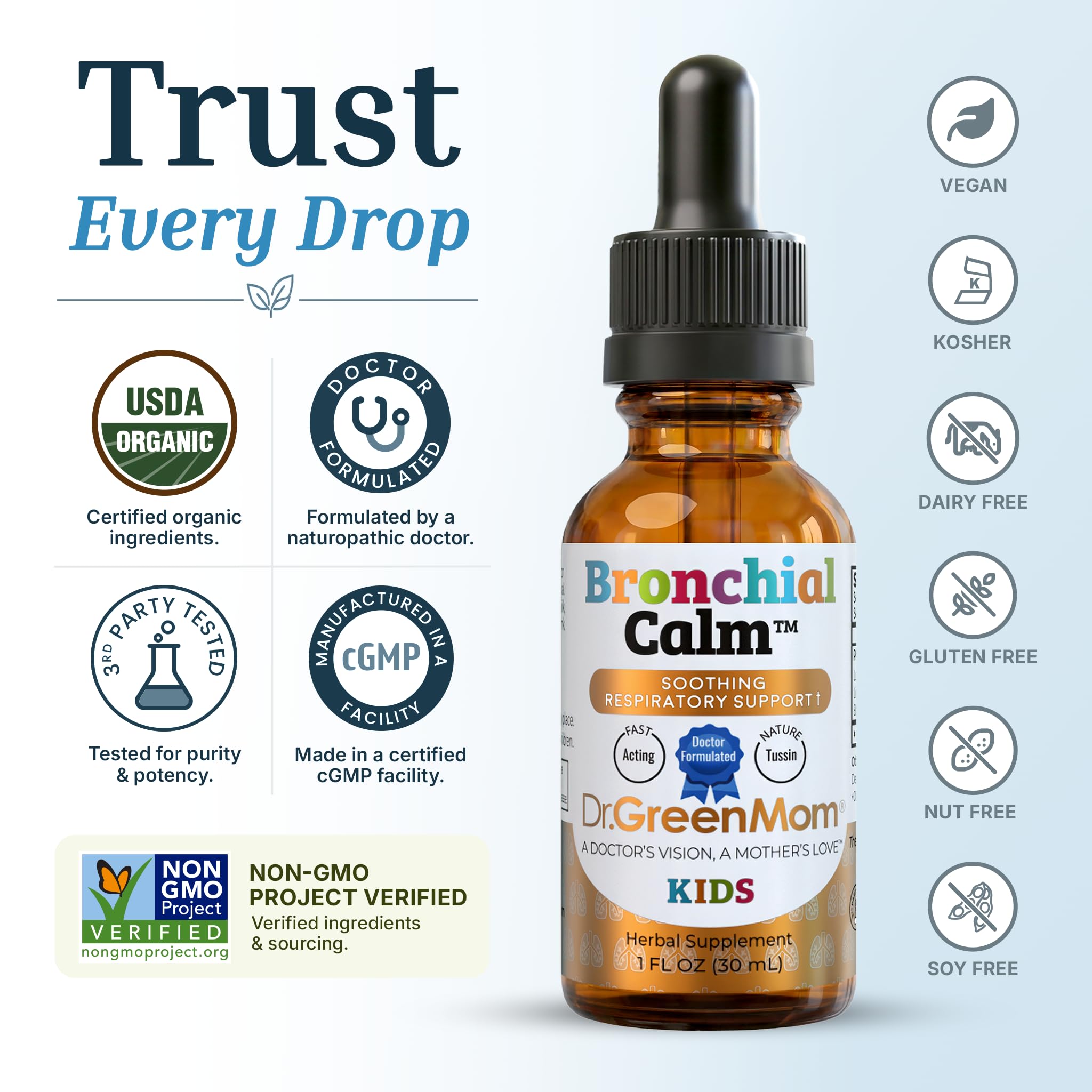 Kids Cold, Flu & Allergy Support — Bronchial Calm — Herbal Immune Liquid Drops for Babies, Toddlers & Children — Natural Cough Care — Drug-Free, Sugar-Free, Non-GMO, 1 fl oz — Amazon image 3