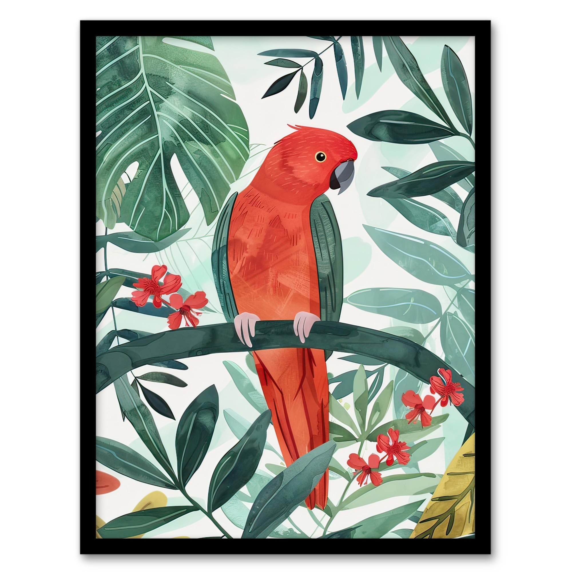 Artery8 Red Parakeet Bird in Tropical Jungle Watercolour Living Room Artwork Framed Wall Art Print A4