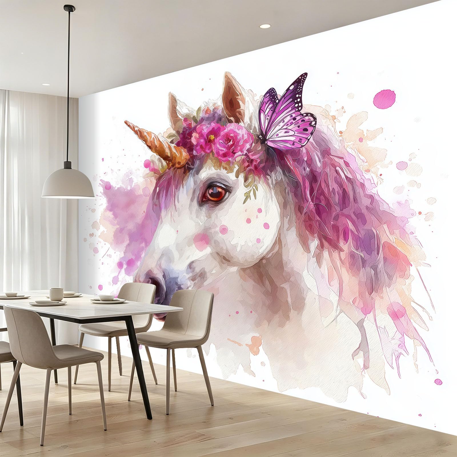 Fototapeta, fantazyjne zwierzęta, 138in x 101in / 350 x 256 cm, włóknina, wysokiej jakości biały jednorożec i żywy wieniec kwiatowy, nadruk, dekoracja domu, DIY, dekoracja, plakat, dekoracja ścienna