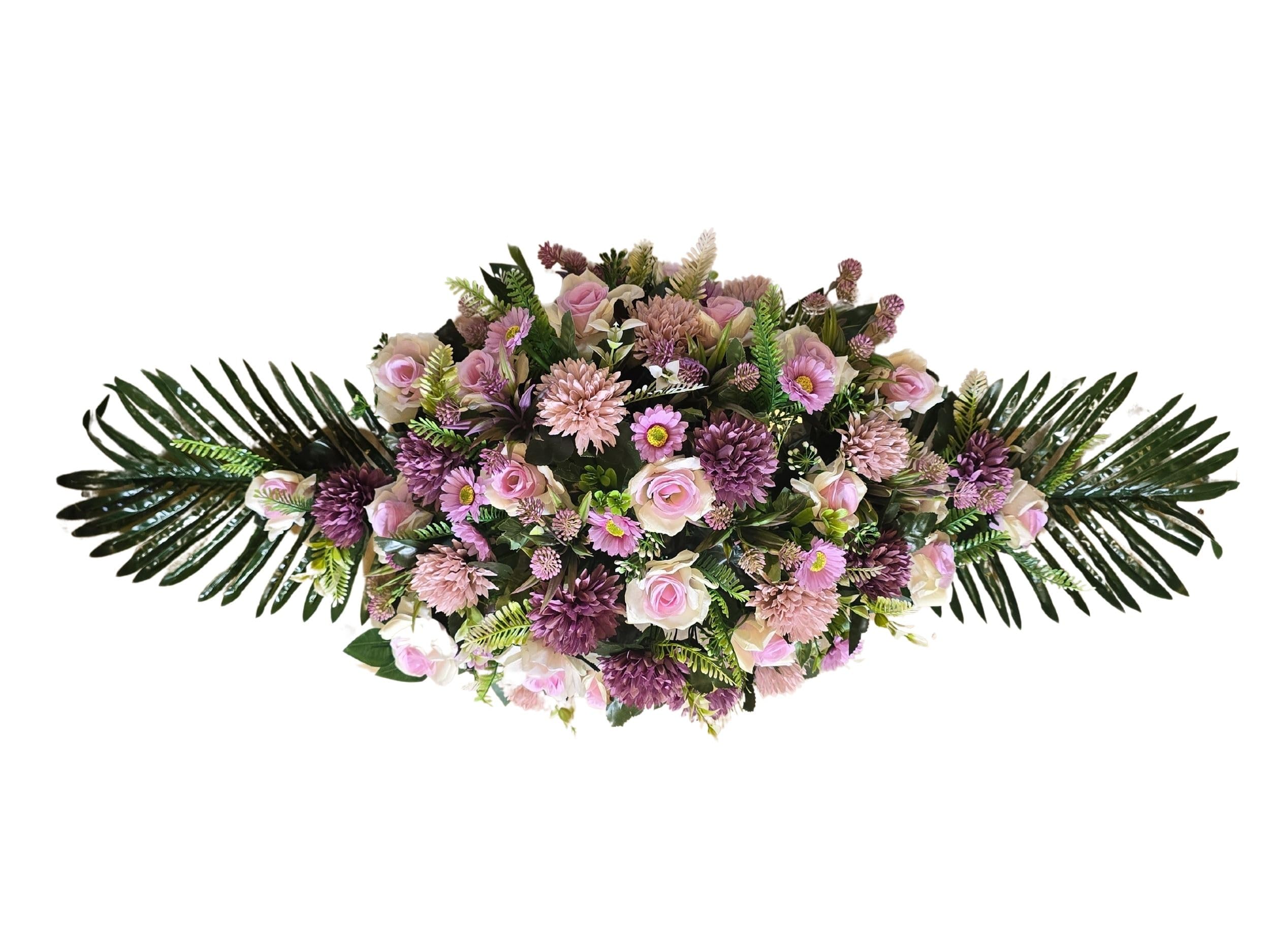 DRW Centro de Flores Artificiales cojin Cementerio procesiones, Iglesias Bodas o sepulturas con Flores Lilas y malvas Estilo Barco 115x45x25
