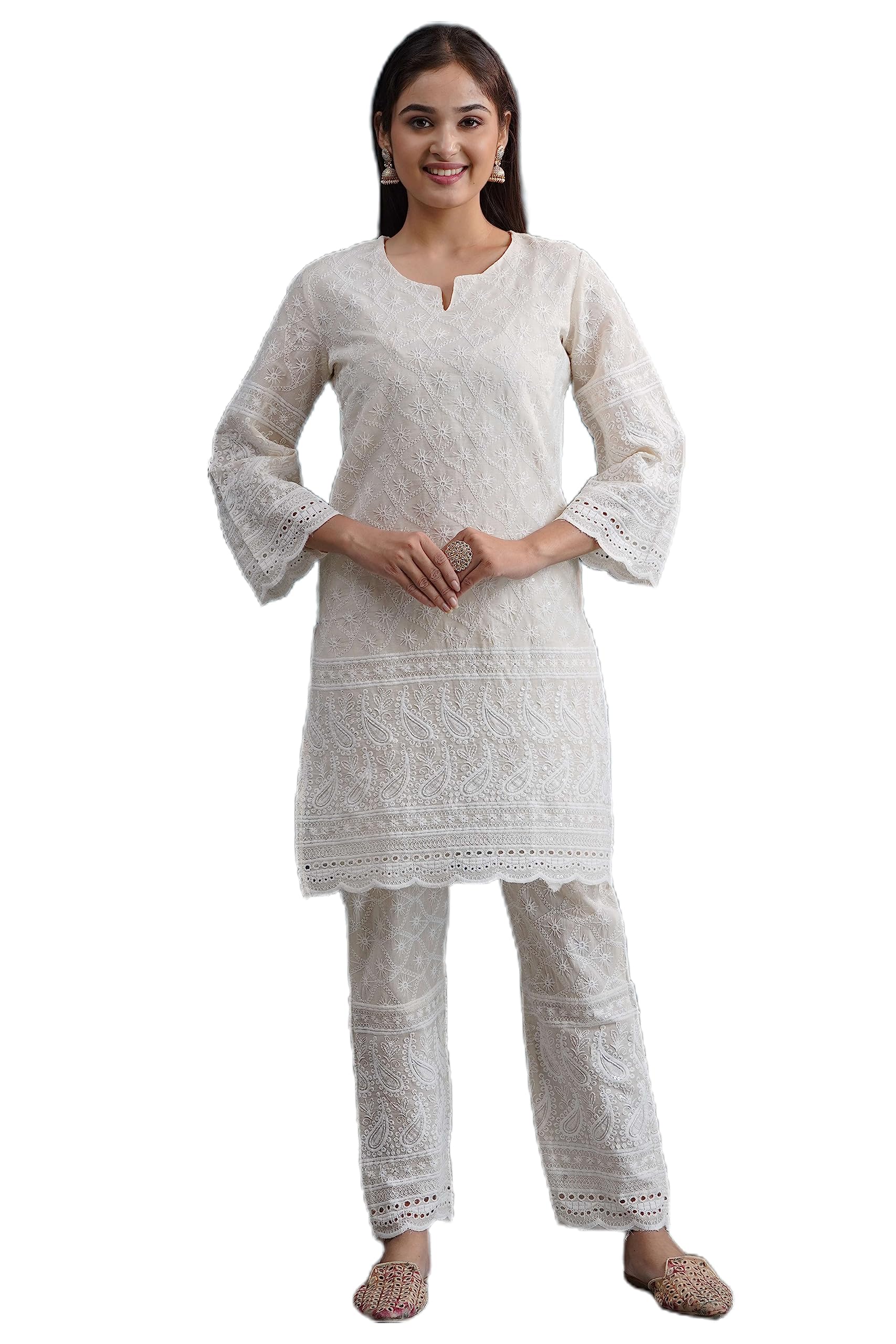 Cotton Chikankari Summer Kurti for Women Style Lucknowi Dress White Kurti and Pant Set