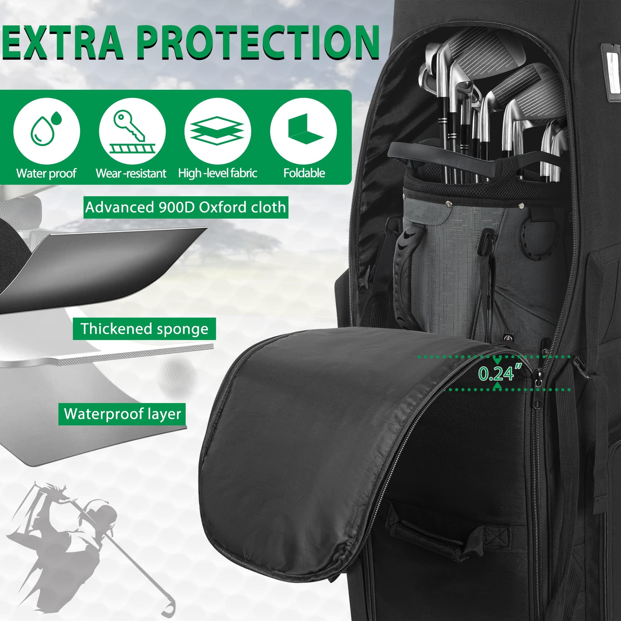 Borsa da viaggio da golf con ruote, grande capacità, trolley da golf con ruote rinforzate, 900D impermeabile Oxford panno per viaggi in aereo