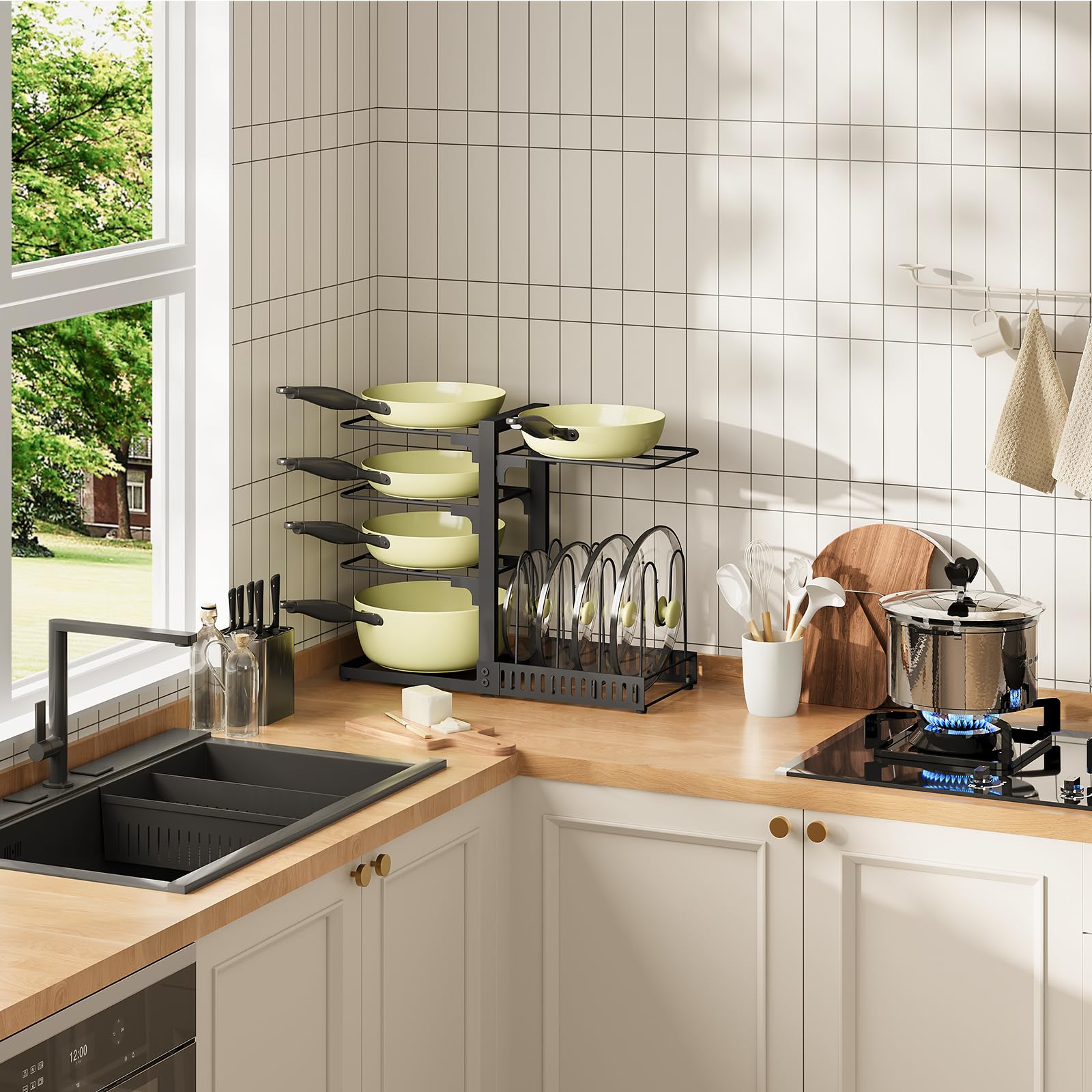CHOEZON verstellbares Topf-Organizer, doppelseitiger Küchenorganizer, Topf- und Pfannenhalter, Pfannenhalter im Schrank, Topfdeckelhalter, für Küche und Esszimmer, Schwarz DTPR40BB