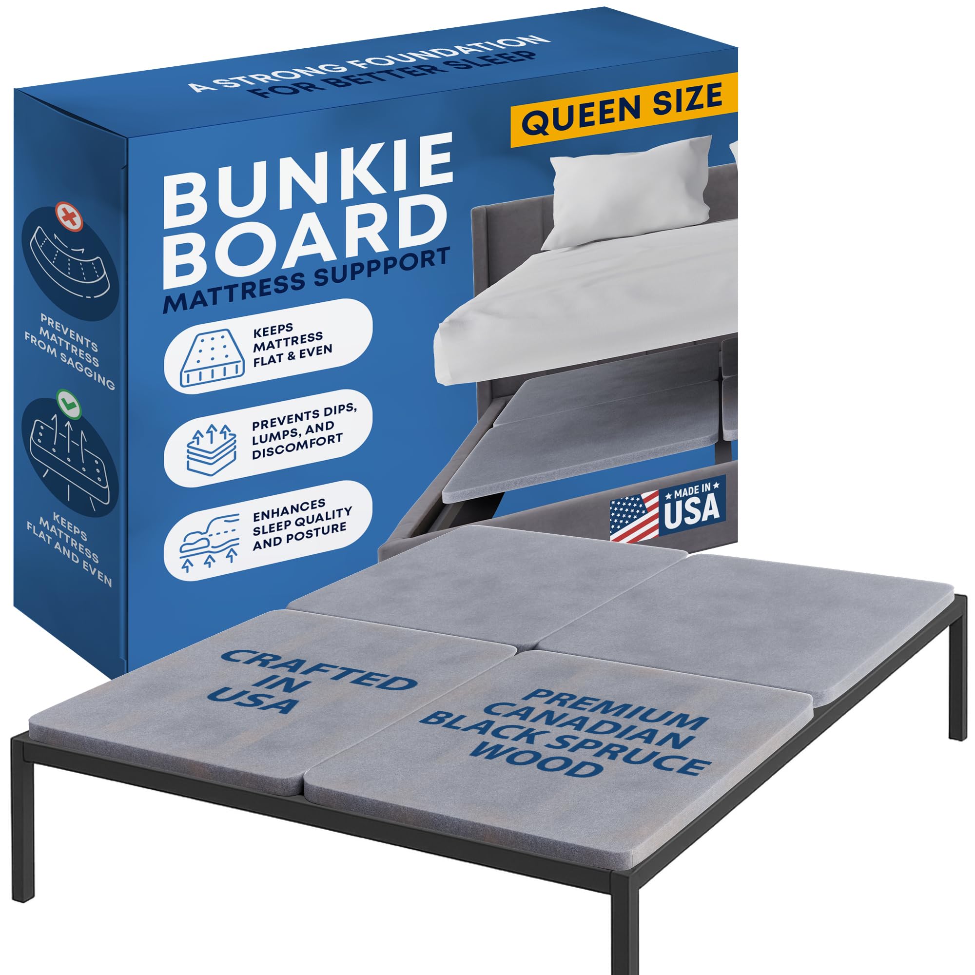 Greaton, Premium 38mm Split Wood Bunkie Board for Queen Size Bed - 4-Piece Under Mattress Support Board, Fully Assembled, Fabric Ventilation Cover -