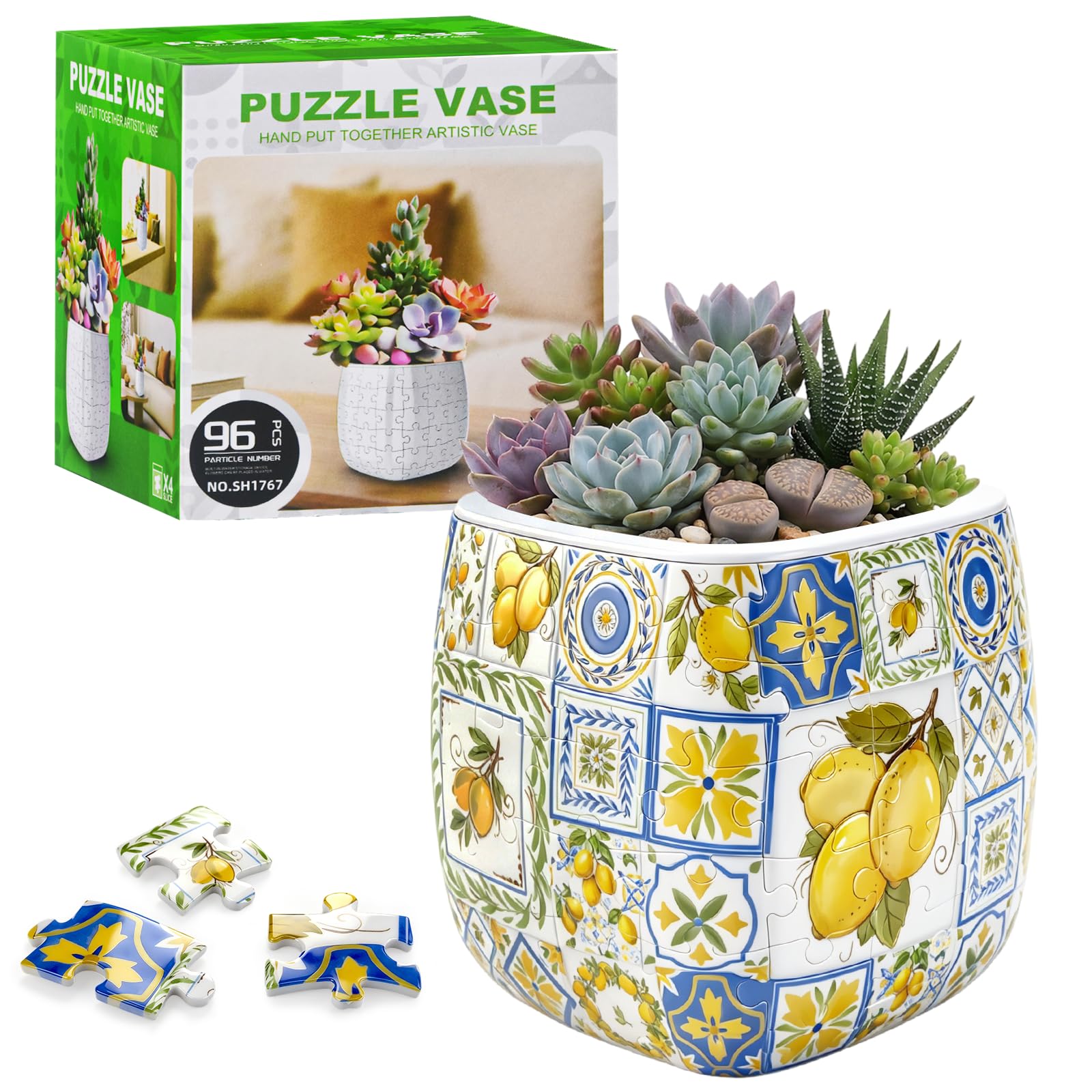 3D Puzzles Planter, 96 Pieces Puzzle Vase for Adults, Small Home Decor Puzzle Plant Pot with Drainage for Indoor Plants, Succulents, and Cactus, Pen Holder (Lemon)