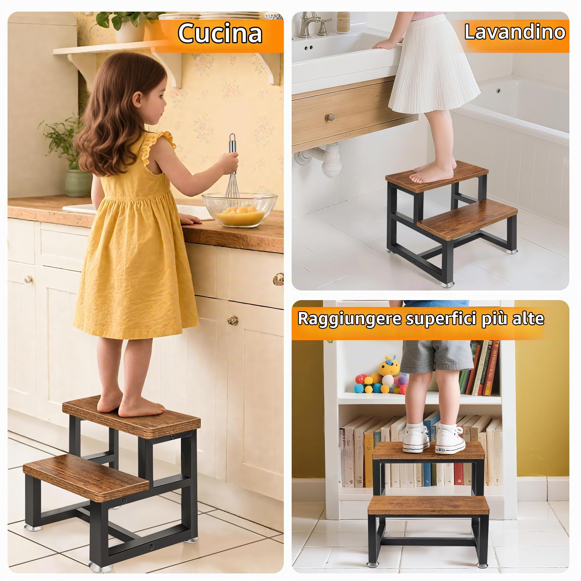 Sgabello per bambini,trave inferiori ispessite,telaio in metallo,2L | portata fino a 136 kg, per cucina, bagno, cameretta dei bambini, struttura stabile,1L