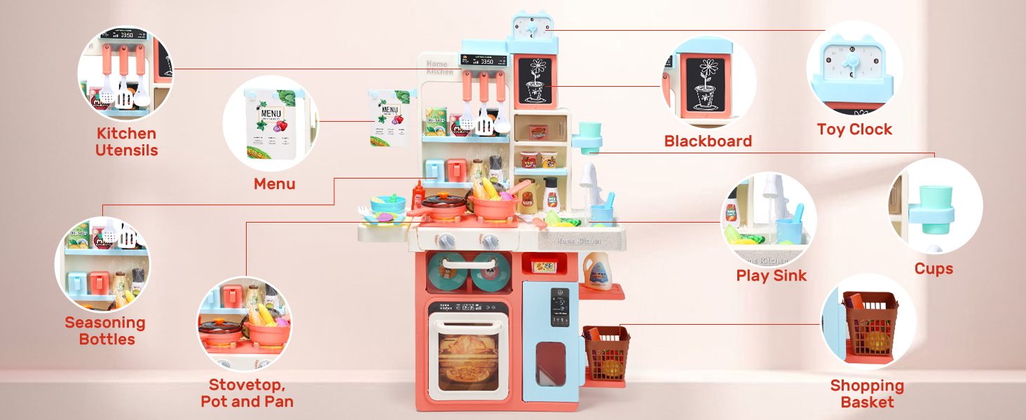 Cuisine D'éveil CUTE STONE Rose – 63 Accessoires, Eau Courante, Vapeur, Sons, Lumières – Pour Enfant Chef