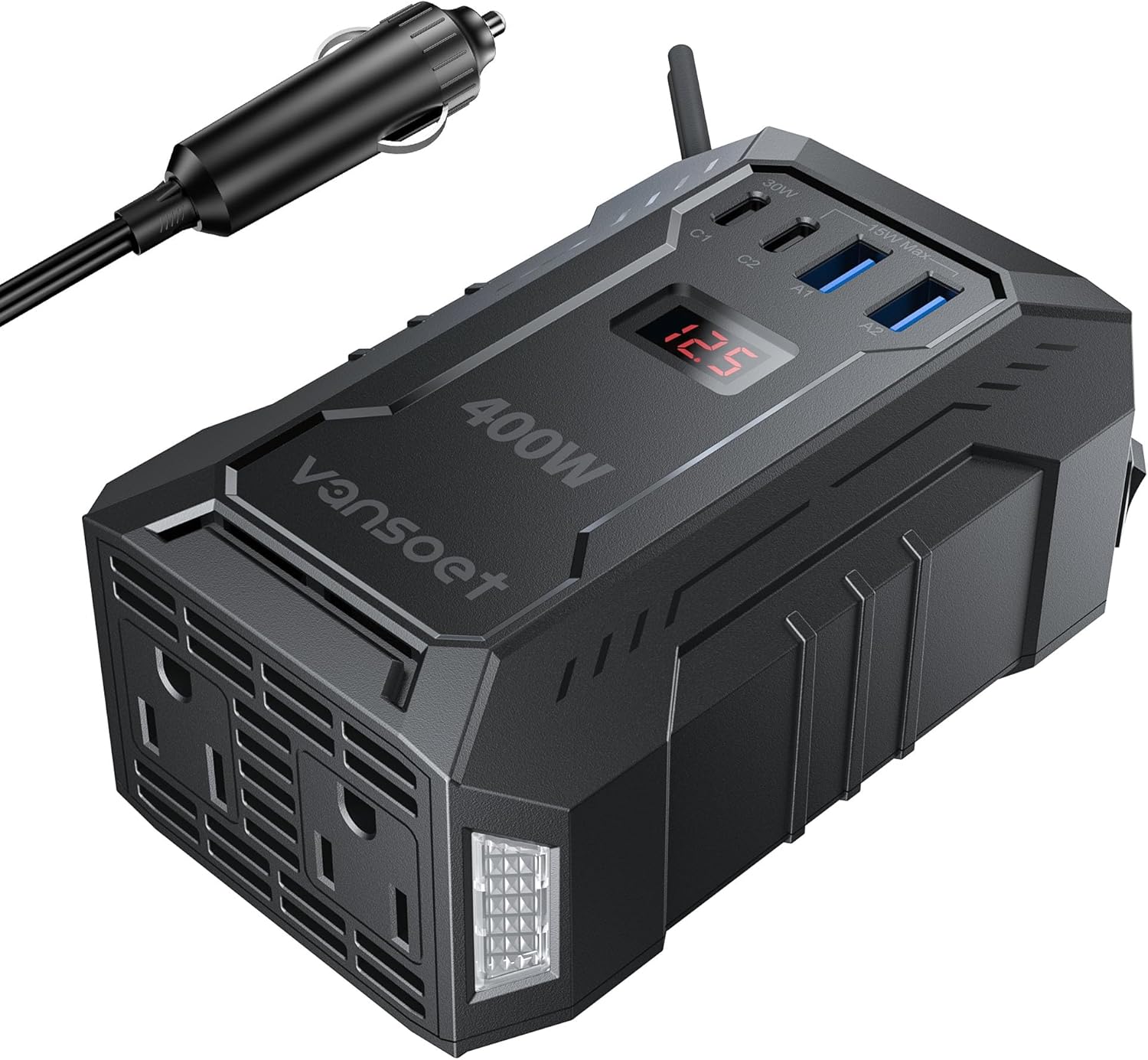 400W Car Power Inverter DC 12V to 110V AC Inverter with PD 30W/15W USB C+2*USB A Ports