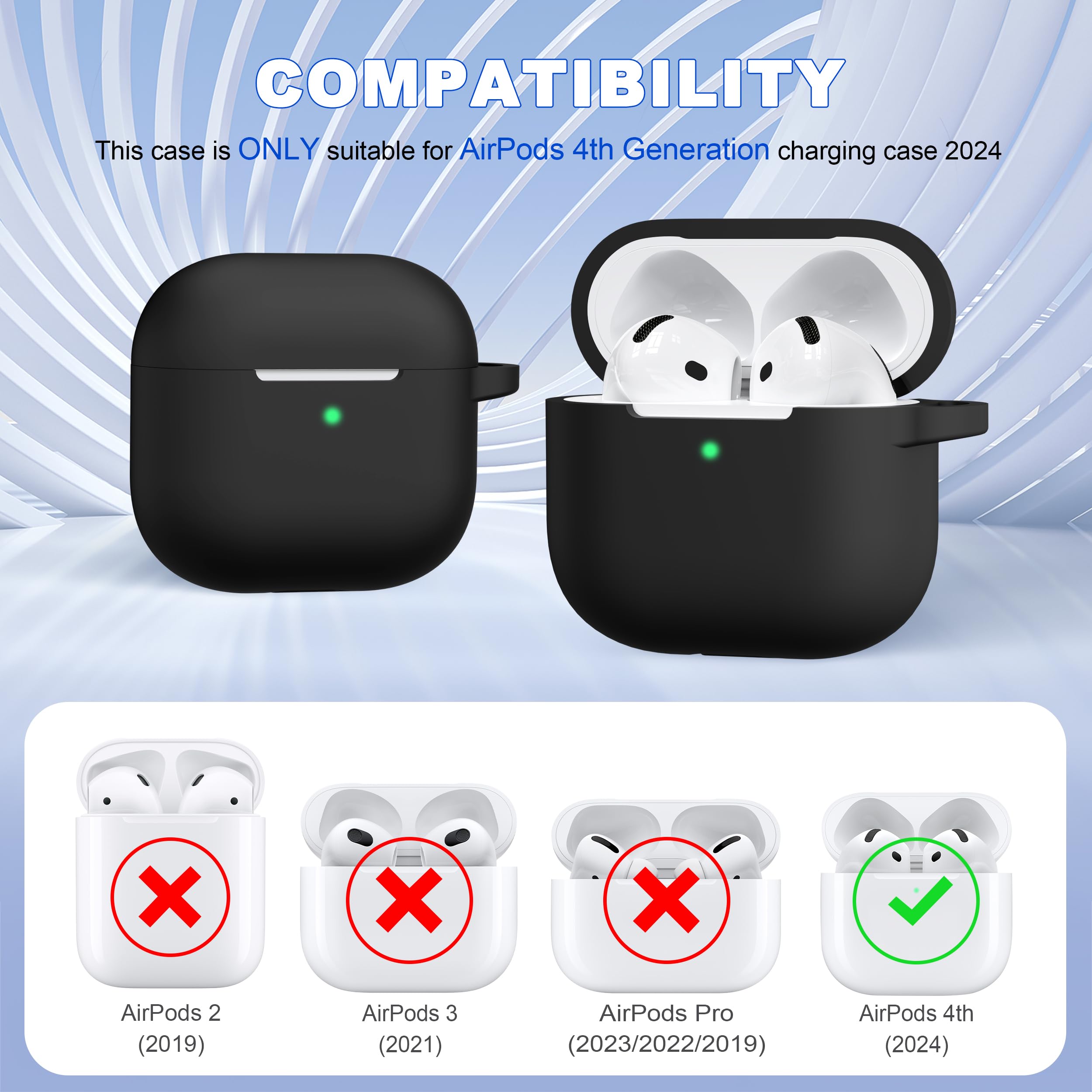 etui na AirPods 4. generacji 2024, miękki silikonowy amortyzujący wstrząsy klasy wojskowej do etui AirPods 4 z brelokiem i zestawem do czyszczenia, czarny