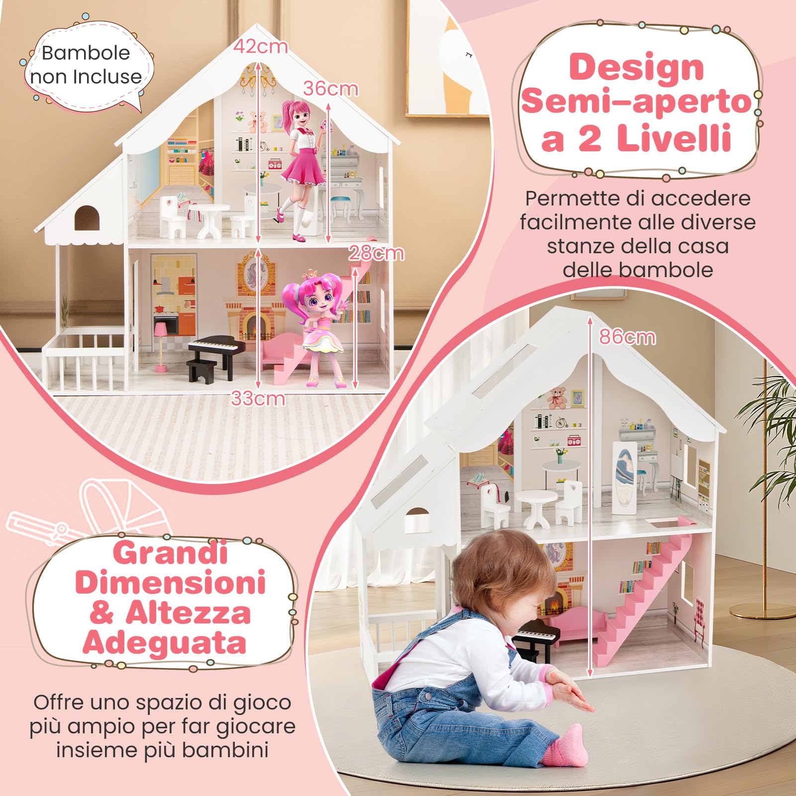 GYMAX Casa delle Bambole in Legno per Bambini, Villa a 2 Piani Semi-Aperta con Stanze e Set di Mobili, Portico e Lucernari, Ideale per Bambini dai 3 Anni +, 81 x 30 x 86 cm