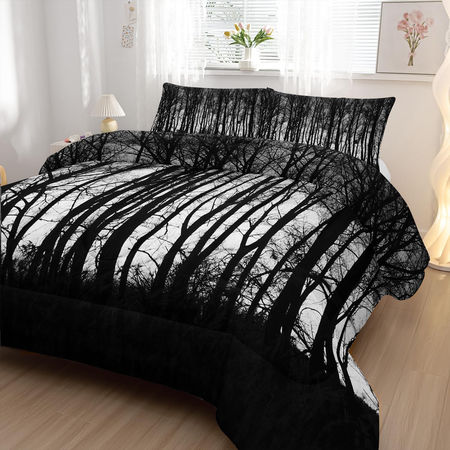 Nttopship Grey Landscape Rustic Woodland Pine Tree Bedding Comforter Sets Full Size Rustic Farmhouse Bedding Set for Teens Adults Men Bedroom,High Mountain Quilt with 2 Pillow Shams