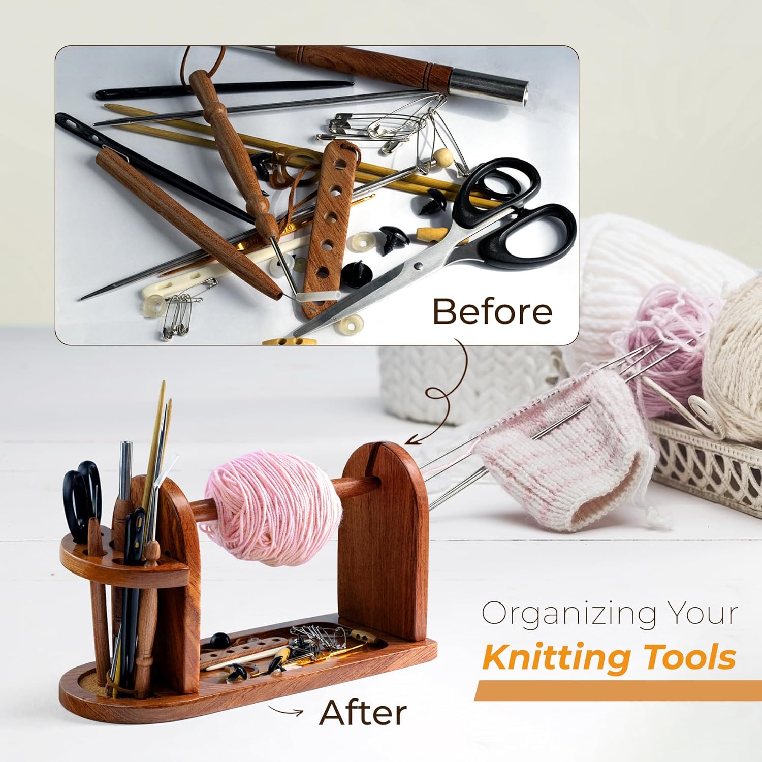 Savina Hardwood Yarn Holder for Knitting & Crochet, Heavy-Duty Horizontal Yarn Spindle Dispenser, Durable Yarn Ball Organizer, Ideal Craft Companion